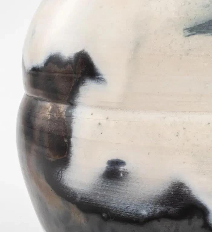 Andre Namenek, Abstract Contemporary Design Art Pottery Covered Jar, 1989 Signed. A Round Brutalist Modernist Jar With White And Blue Glaze