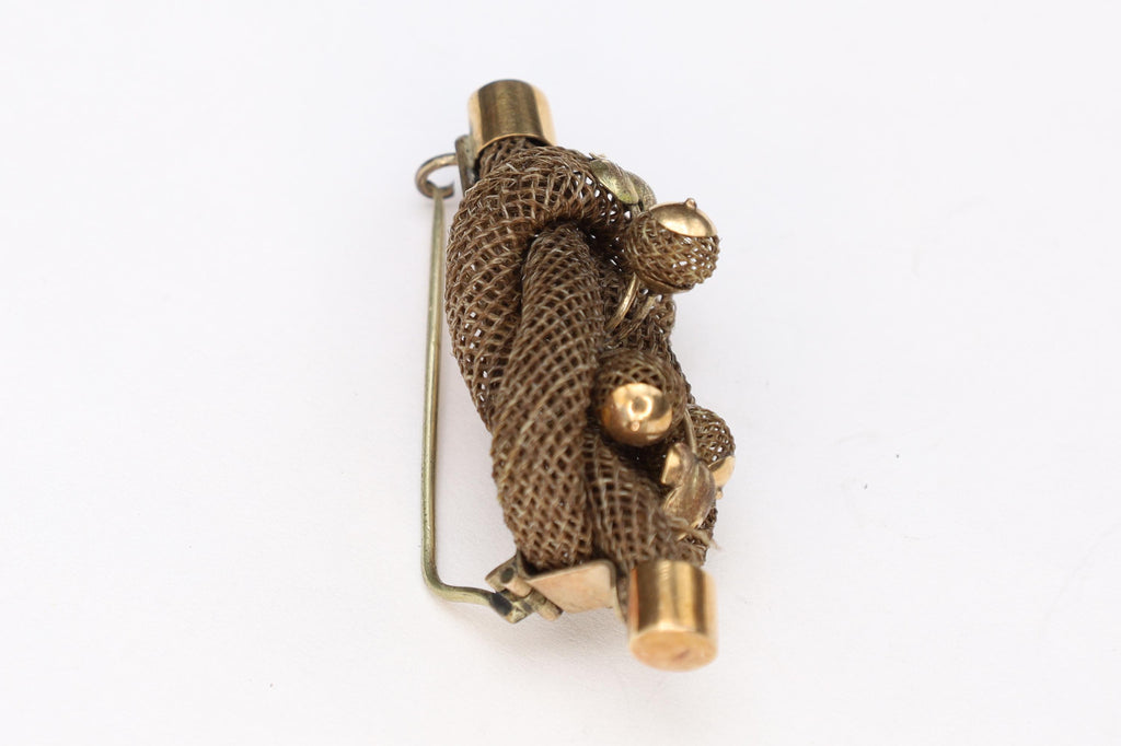Victorian Era 1880s Jewelry 9 Karats Gold Brooch, Braided Infinite Interlocking Symbol, Memento Mori Pin, England UK, Fashion Accessories