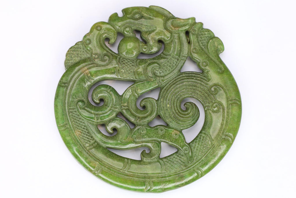 Vintage 1980s Green Jade Pendant With Celestial Dragon, Hand Carved Spinach Jade Like Stone, Chinese Zodiac, Feng Shui, Good Luck Amulets
