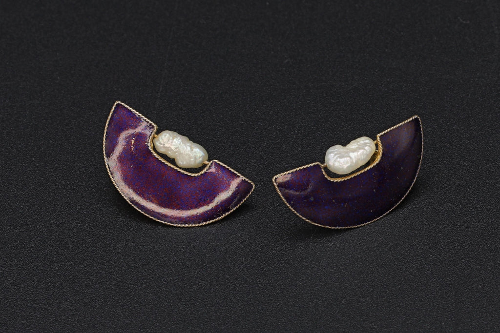 Stud Earrings, Purple Enamel And Fresh Water Pearls, Gold Gilt Vermeil On Sterling Silver, Vintage Fashion Accessories Modernist Design