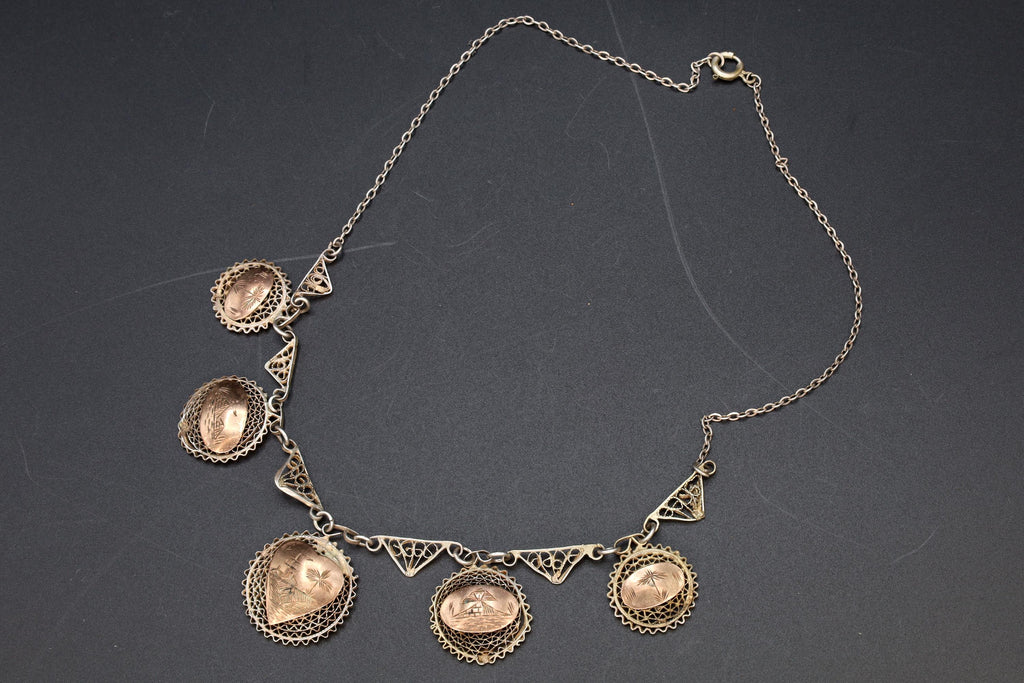 Art Deco Egypt Bib Necklace, 900 Silver And Rose Gold Wash, Filigree Wirework Medallions, Middle East And North African Fashion Accessories