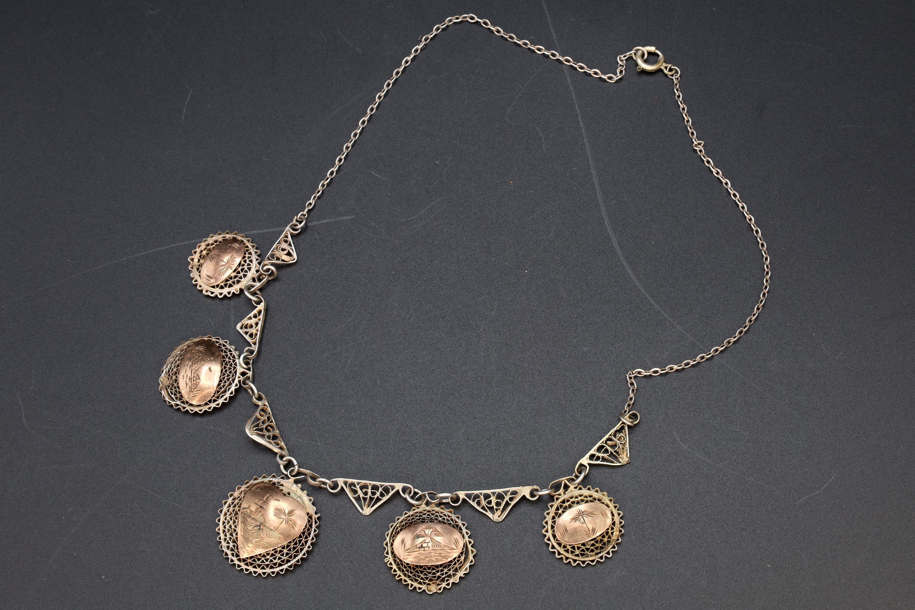 Art Deco Egypt Bib Necklace, 900 Silver And Rose Gold Wash, Filigree Wirework Medallions, Middle East And North African Fashion Accessories