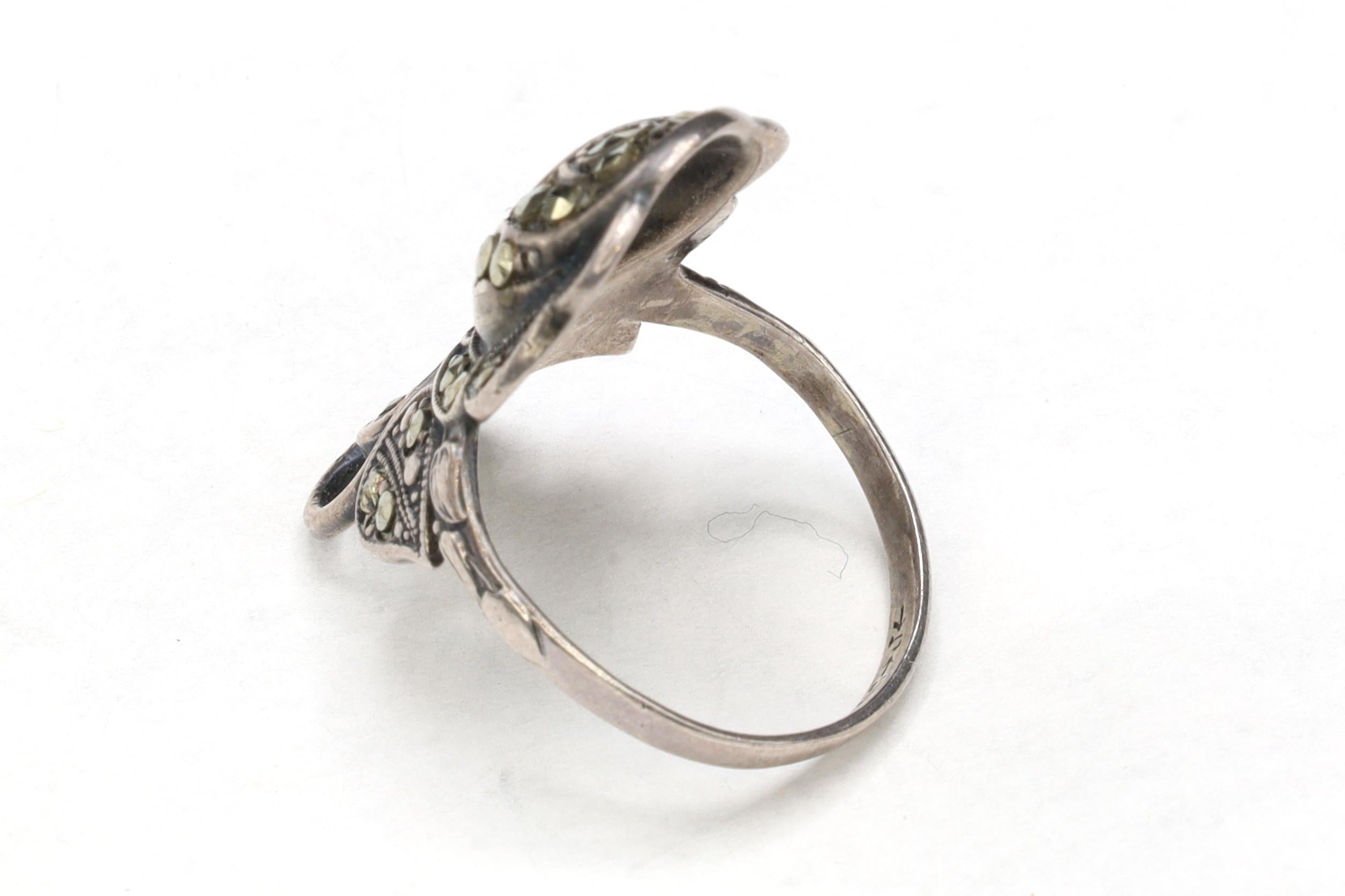 Uncas Jewelry, Sterling Silver And Marcasite Rose Ring Size 6 With Jeweler Hallmarks, Art Deco Flower Fashion Accessories, Retro Americana