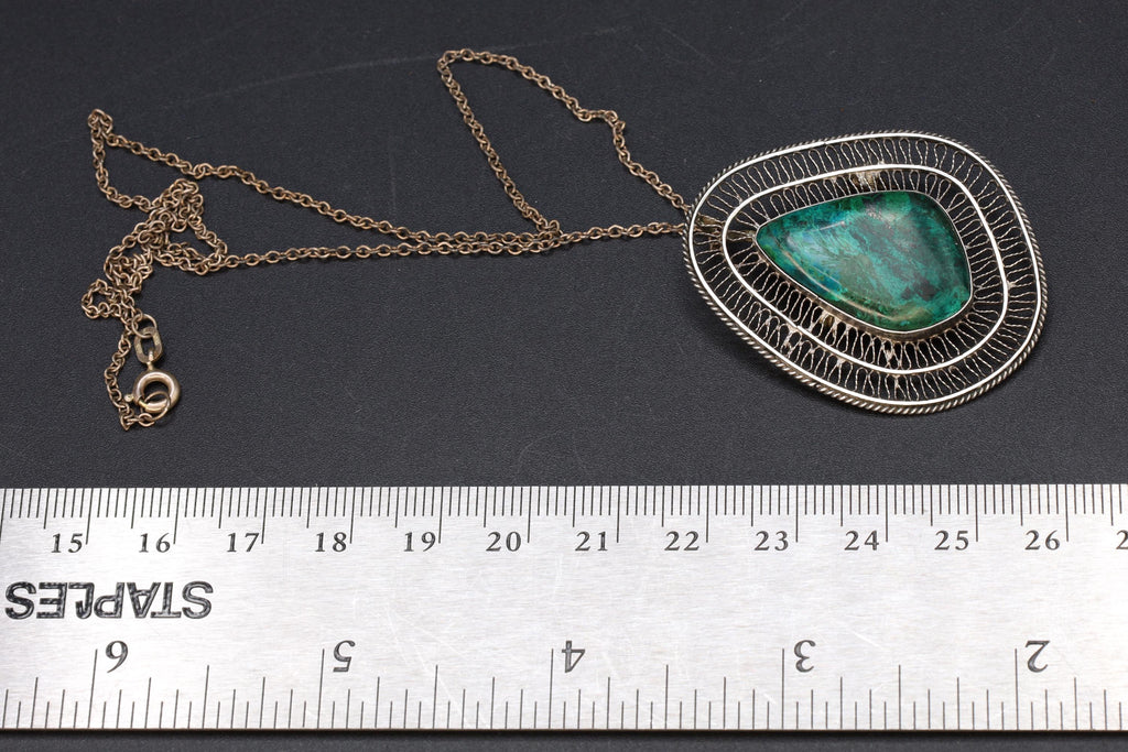 Vintage 1950s Israel Jewelry, 925 Sterling Silver And  Eilat Stone Pendant Necklace, Cannetille Wirework, Middle East Fashion Accessories