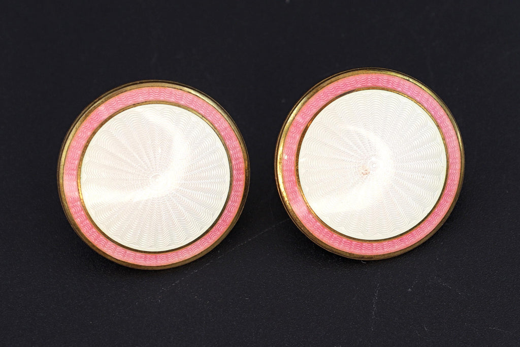 Large Scandinavian Stud Earrings, Ole Petter Rasch Olsen Jewelry Signed OPRO, Sterling Silver And Guilloche Enamel, Modernist Design 1970s