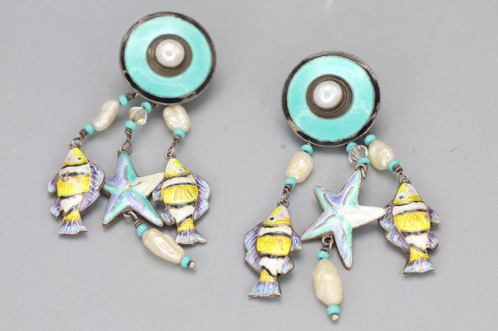 Rare, Vintage 1980s Nautical Sea Life Dangle Earrings, Enameled Sterling And Pearls, Retro Jewelry
