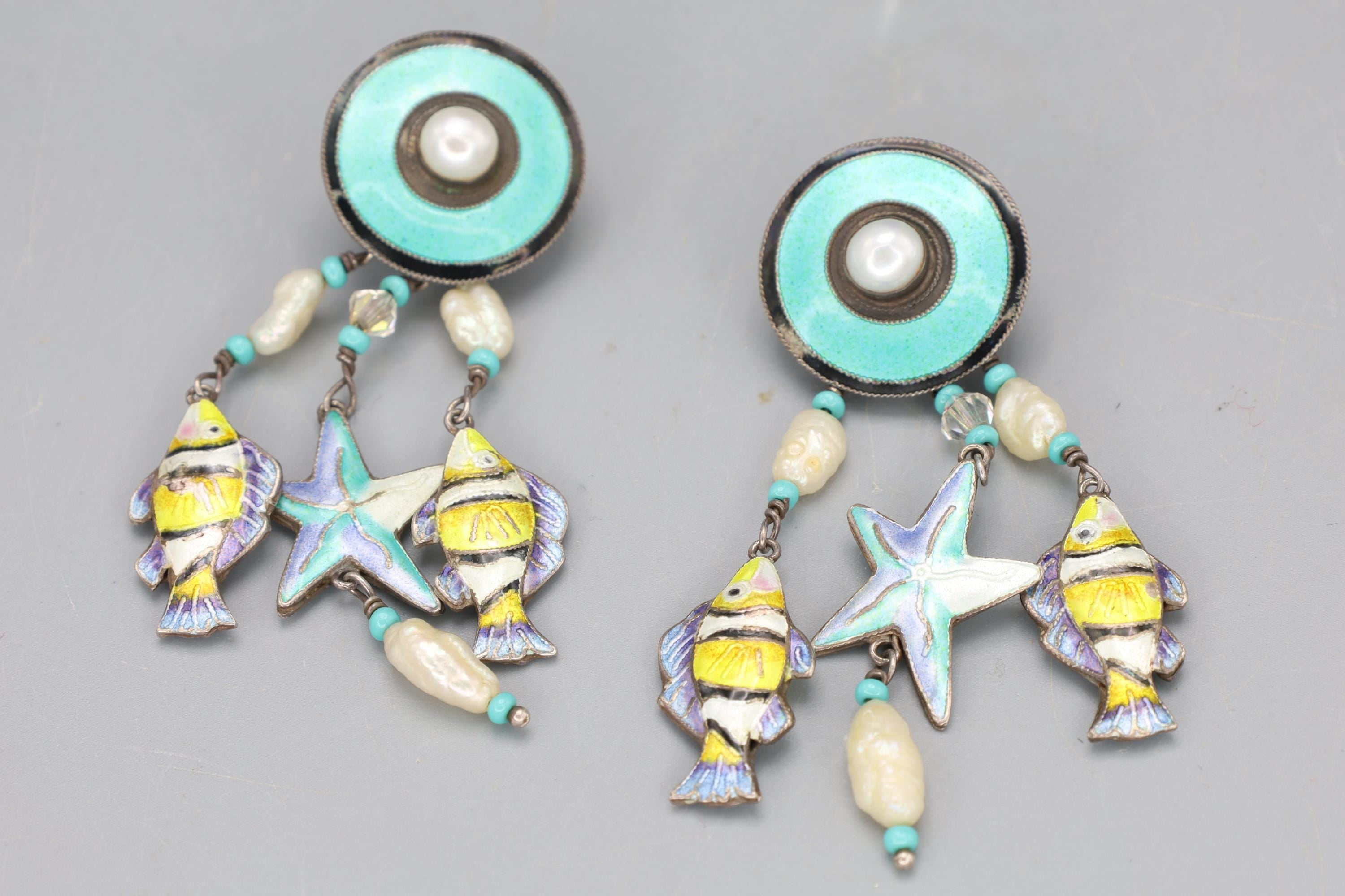 Rare, Vintage 1980s Nautical Sea Life Dangle Earrings, Enameled Sterling And Pearls, Retro Jewelry
