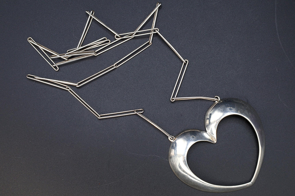 Bernhard Hertz Jewelry, Vintage Mid Century Modernist HEART Pendant Necklace With Handmade Slim Clip Chain, 925 Sterling Silver, Denmark