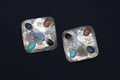 Vintage Taxco Mexico Jewelry, Modernist Earrings Made With 925 Sterling Silver And 8 Cabochons Of Gemstones, Hammered Square Silver Loaf