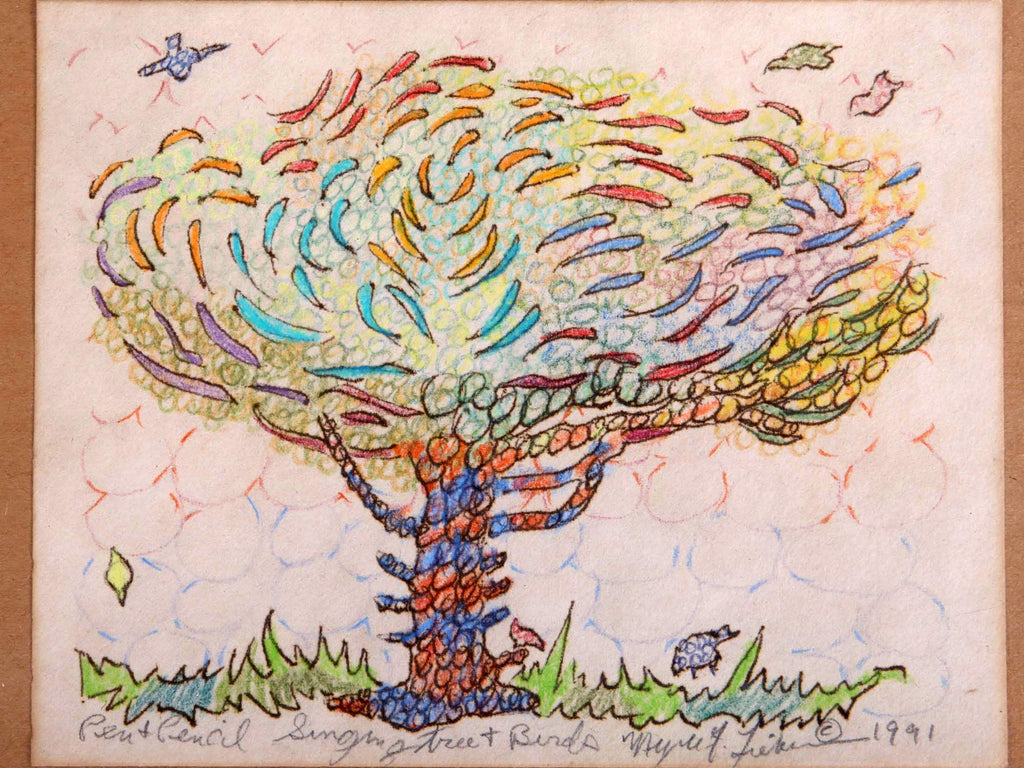 Meyer Frank Lieberman Mixed Media Ink Color Pencil Drawing Painting On Paper, Singing Tree and Birds, 1991 Signed Contemporary Judaica Art