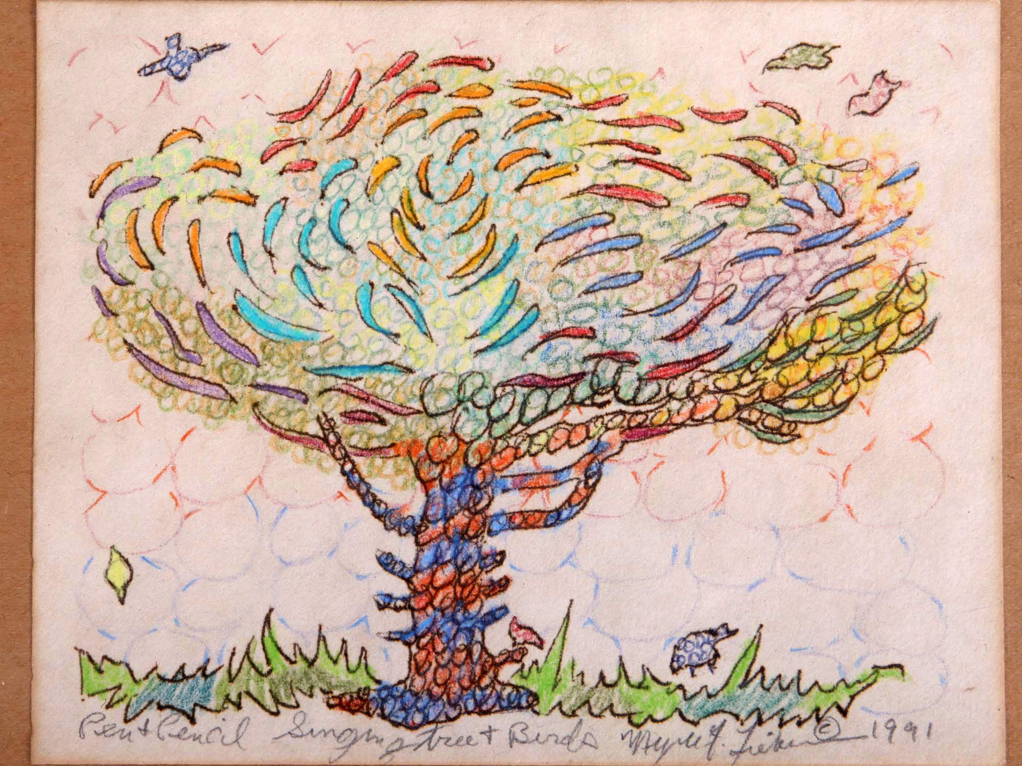 Meyer Frank Lieberman Mixed Media Ink Color Pencil Drawing Painting On Paper, Singing Tree and Birds, 1991 Signed Contemporary Judaica Art