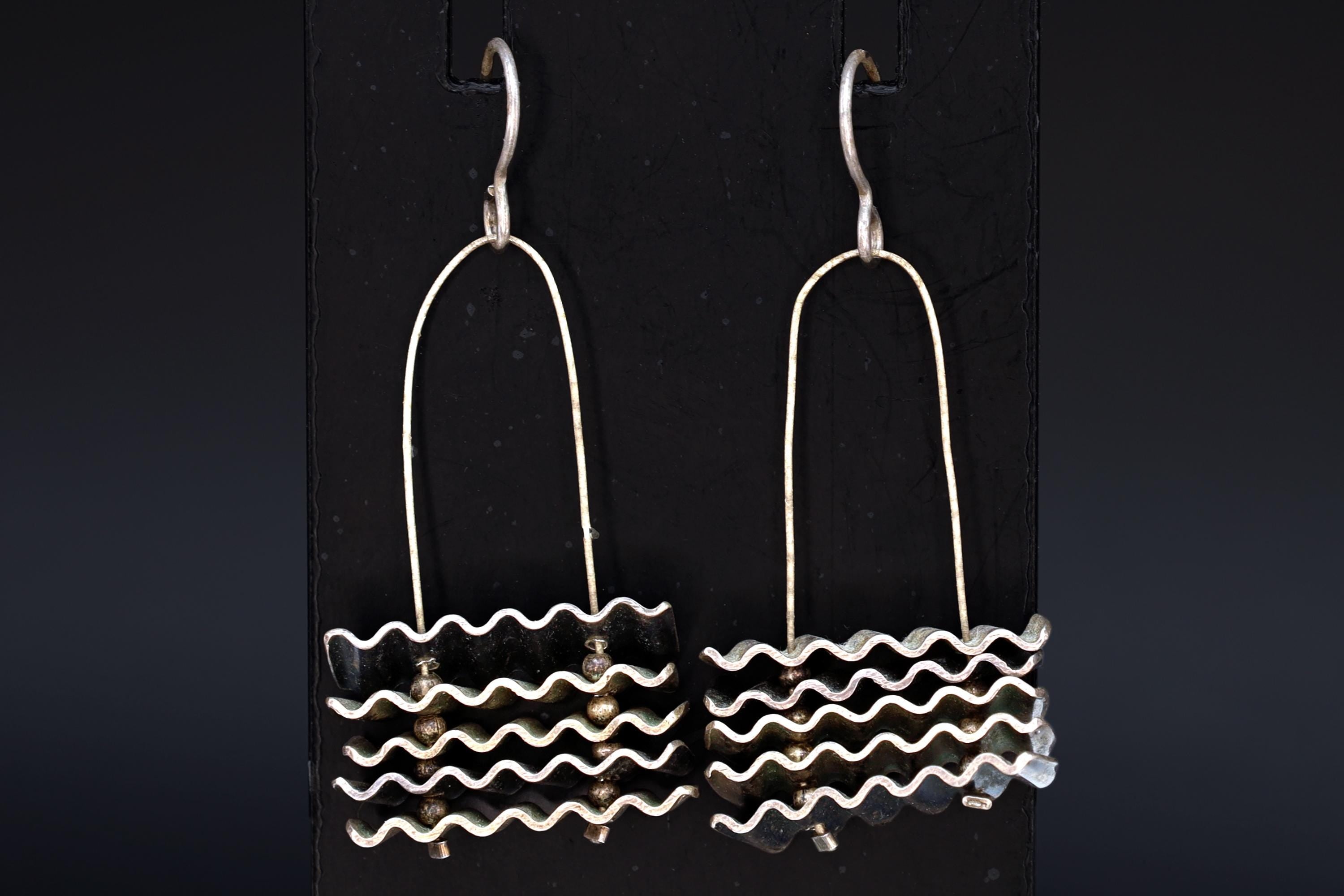 Modernist Abstract Dangle Earrings With A Ocean Waves Design, Corrugated 925 Sterling Silver Handmade Artisan Jewelry