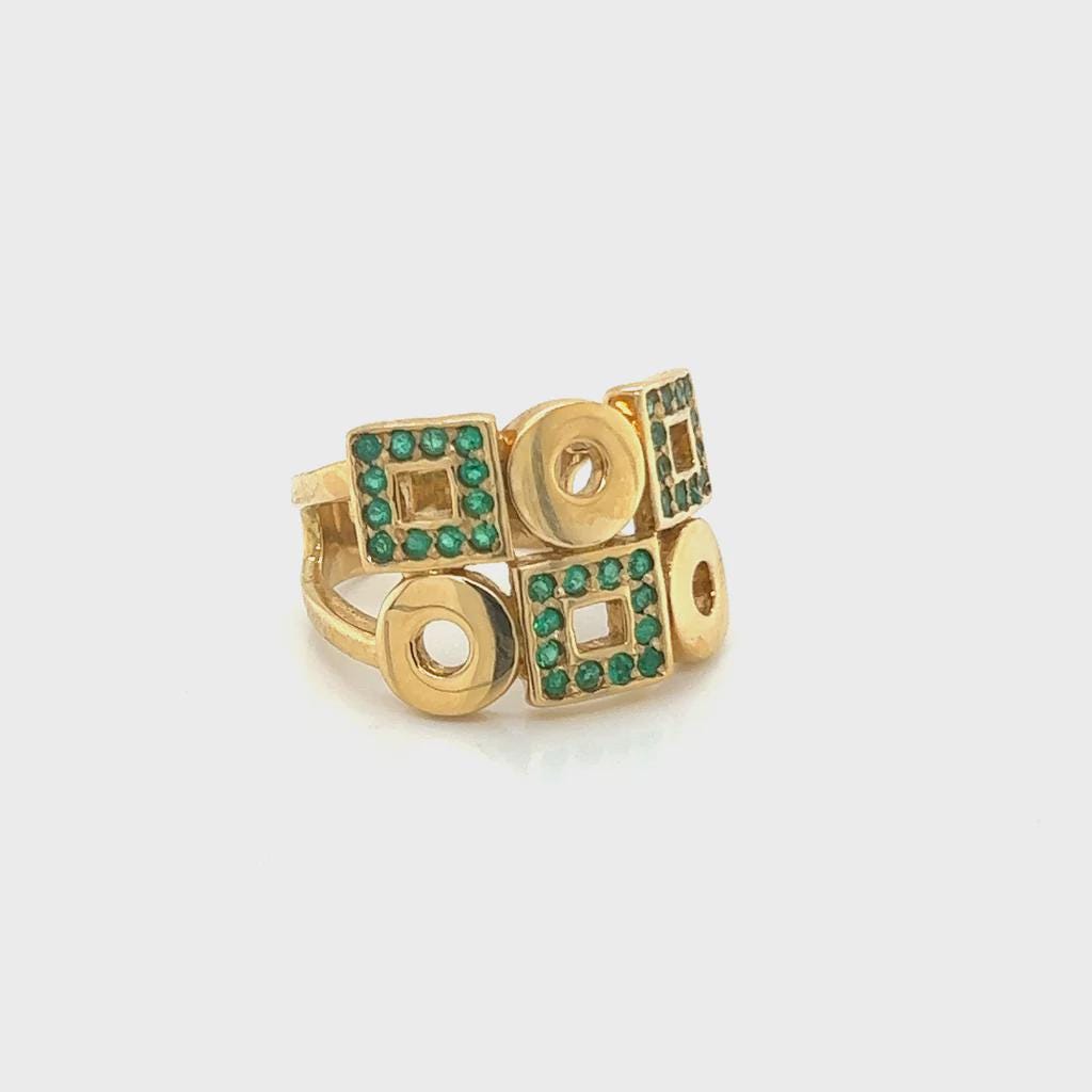 Statement Ring For Woman, 18 Karat Yellow Gold Ring Size 9 With Green Emeralds And A Geometric Design, Weight 11.30 Grams