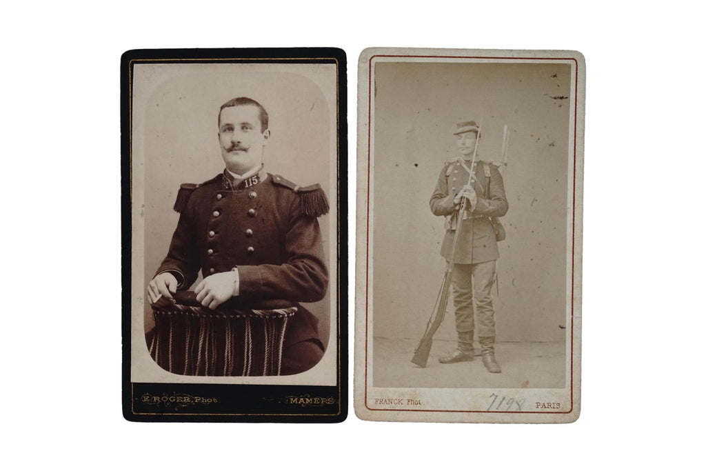 Antique 19th Century French Military Carte de Visite Photographs, Pair Of 1890s Cabinet Portraits Of Young Male Soldiers, Victorian Era