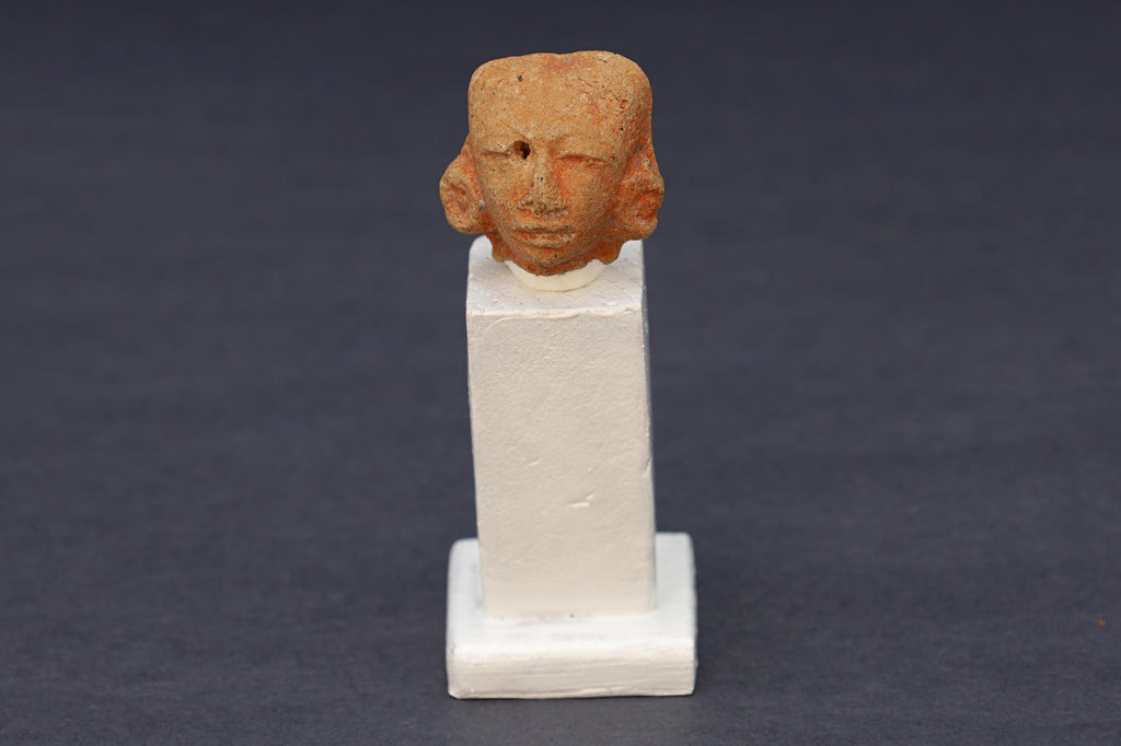Maya Head Idol With Earrings, PreColumbian Ceramic Figurine, Mayan Campeche Classic Period Circa 950 AD, Prehispanic Mexico Antiquities Art