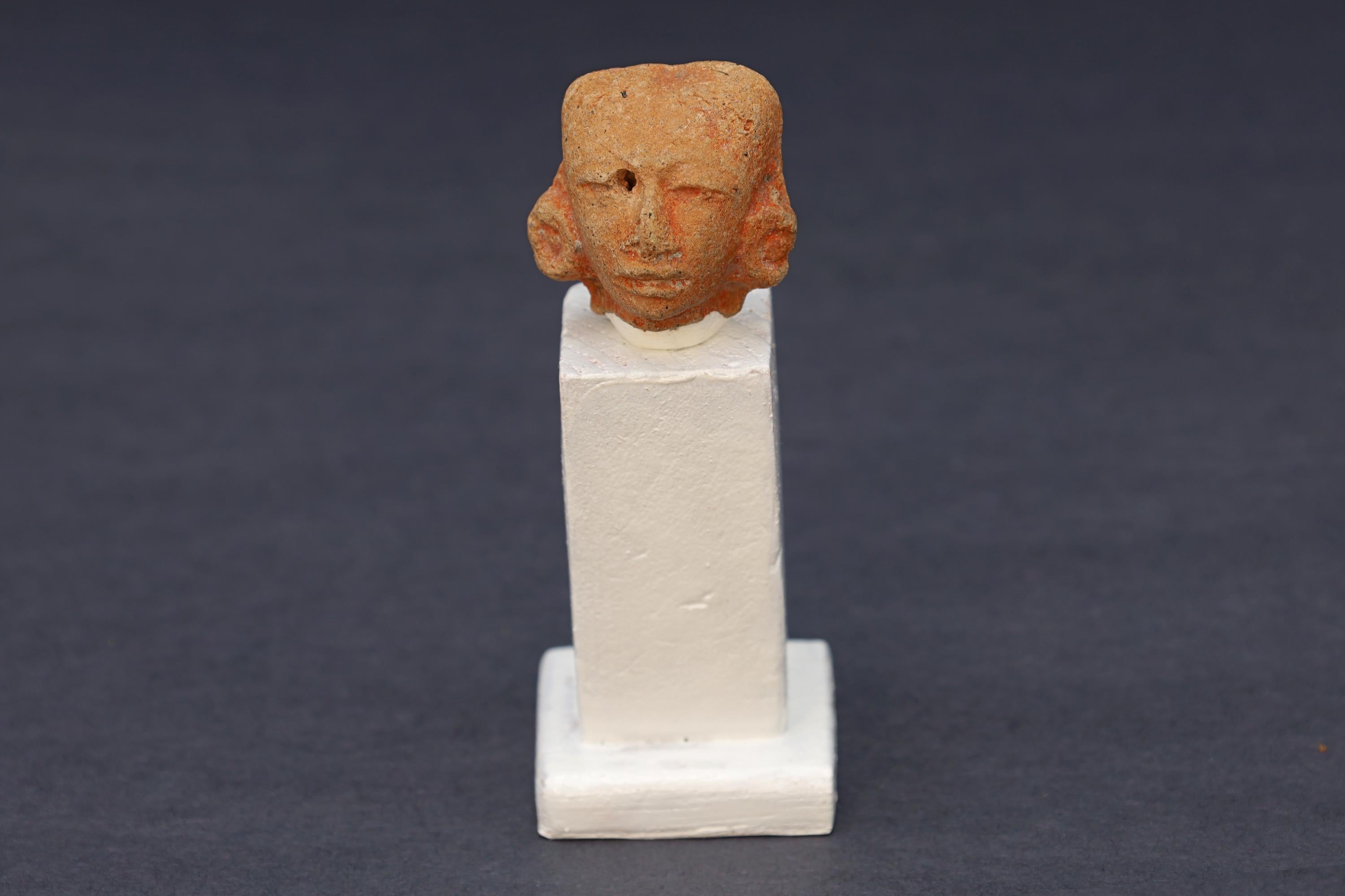Maya Head Idol With Earrings, PreColumbian Ceramic Figurine, Mayan Campeche Classic Period Circa 950 AD, Prehispanic Mexico Antiquities Art