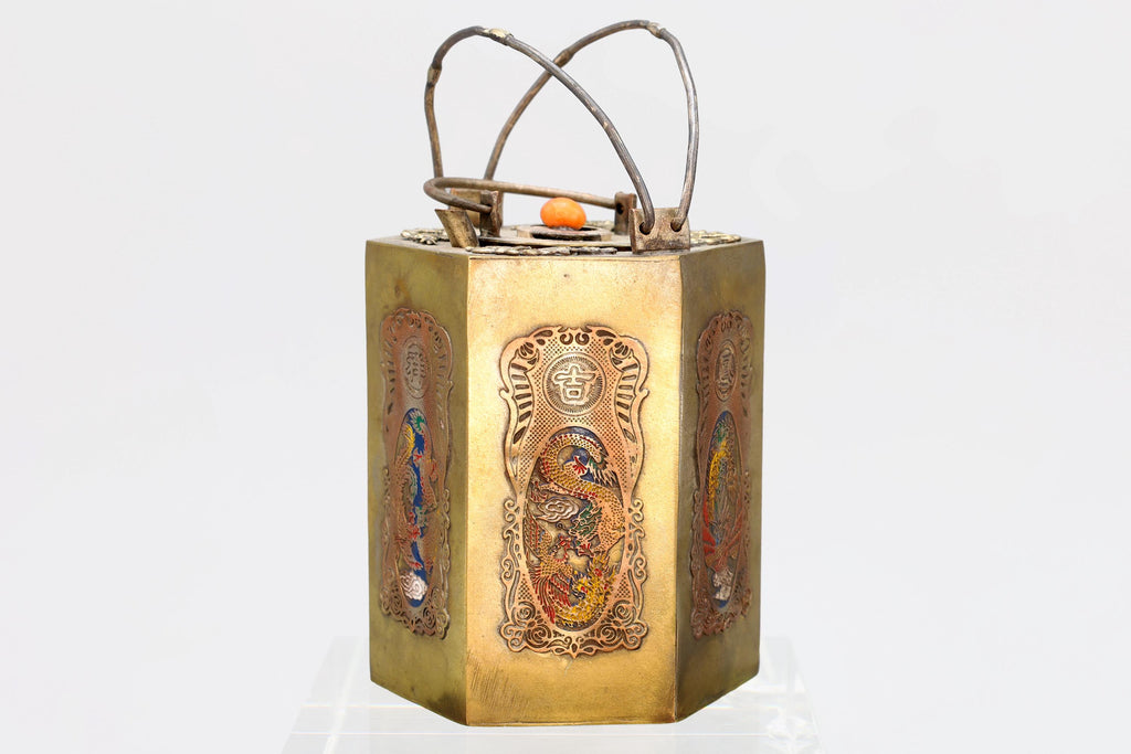Antique 1900s Chinese Teapot, Used As Sake Warmer Pot Jug, Mixed Metals, Brass And Enamel, Oriental Arts And Crafts, East Asia Decor
