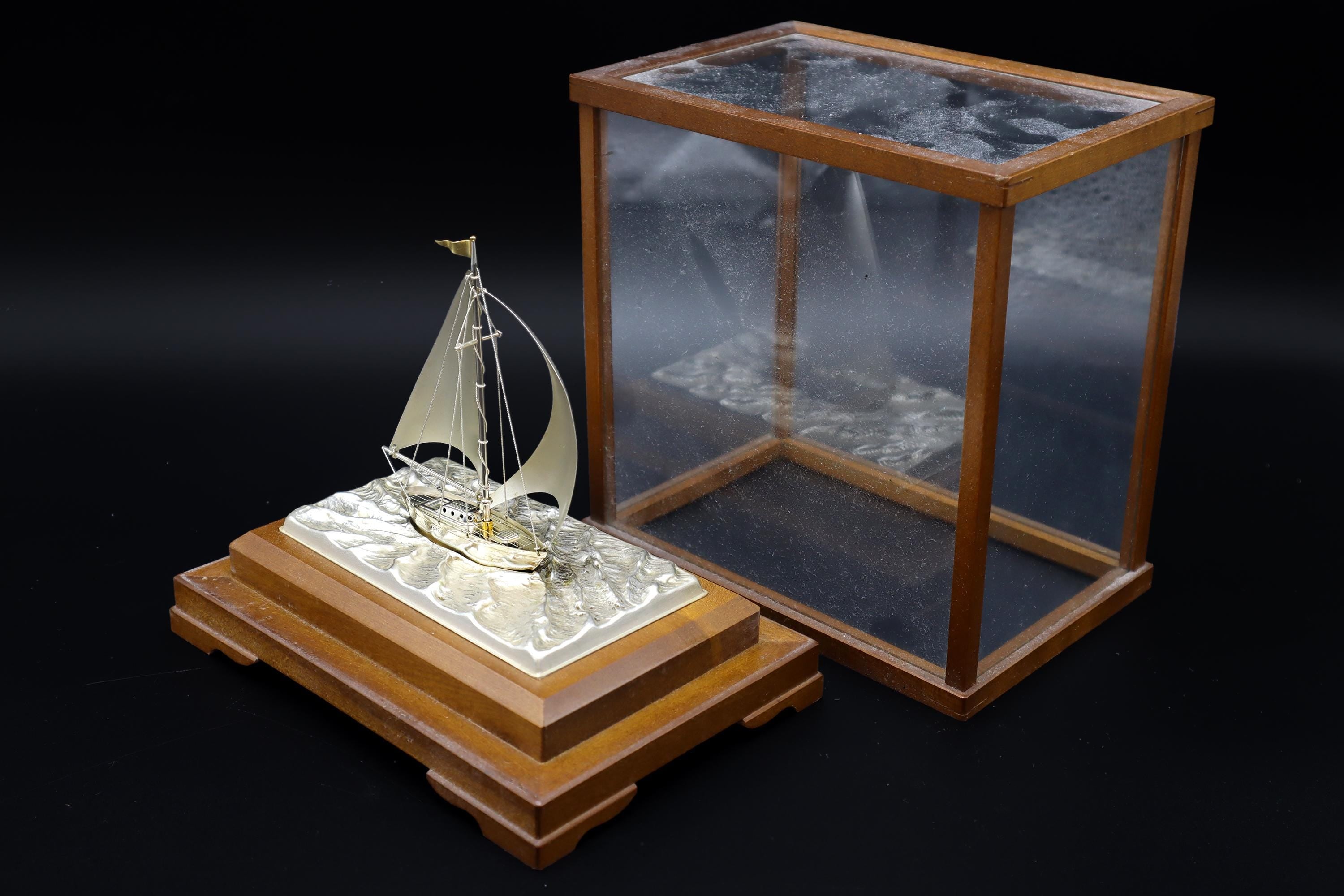 Vintage Handmade And Finely Detailed Silver Electroplated Model Of A Sailing Ship, Sports Boat Sculpture By Japanese Artist Seki Takehiko