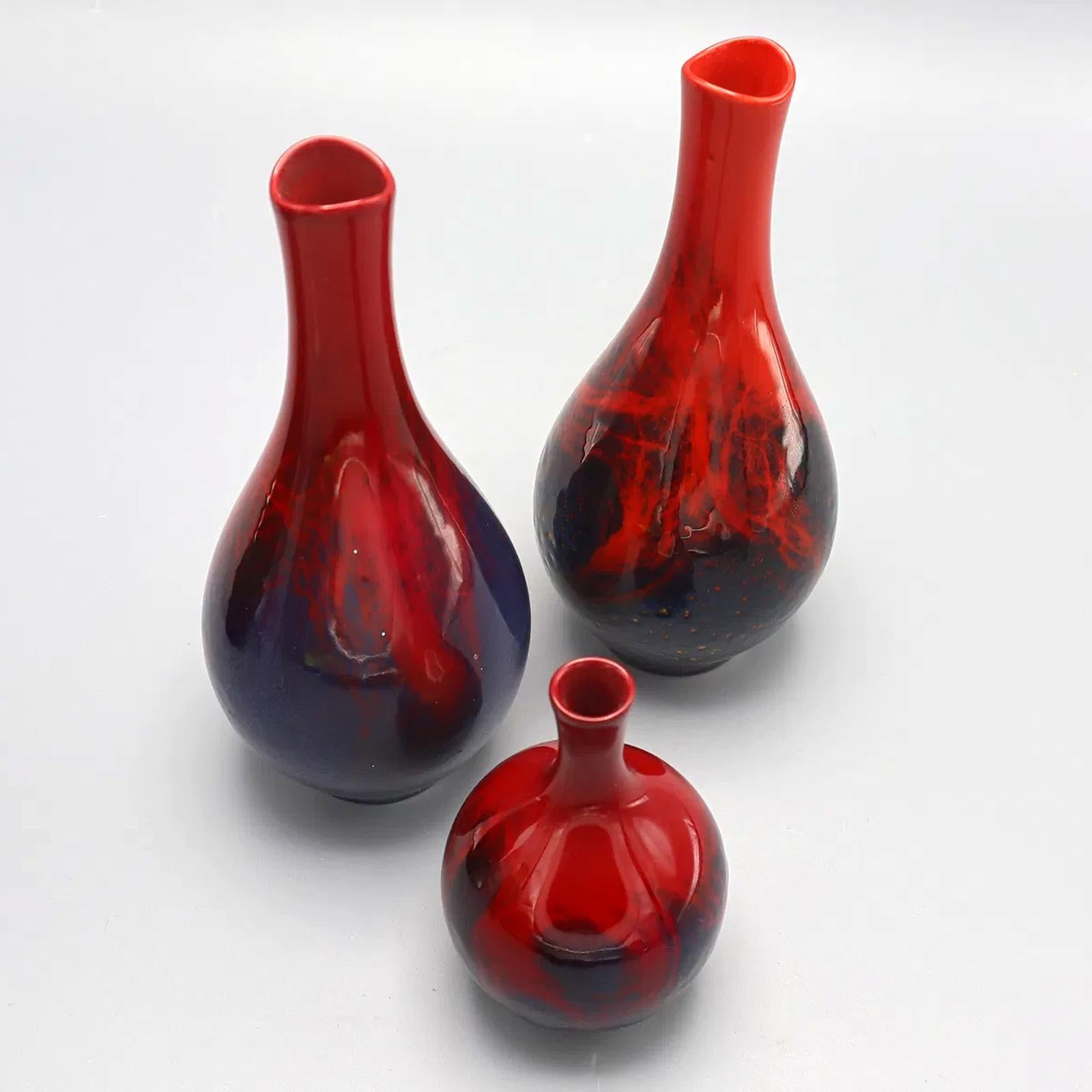 A Group Of 3 Flower Vases, Flambe Veined And Glazed Vases Made By Renowned English Pottery, Royal Doulton, Early 20th Century Pottery Art