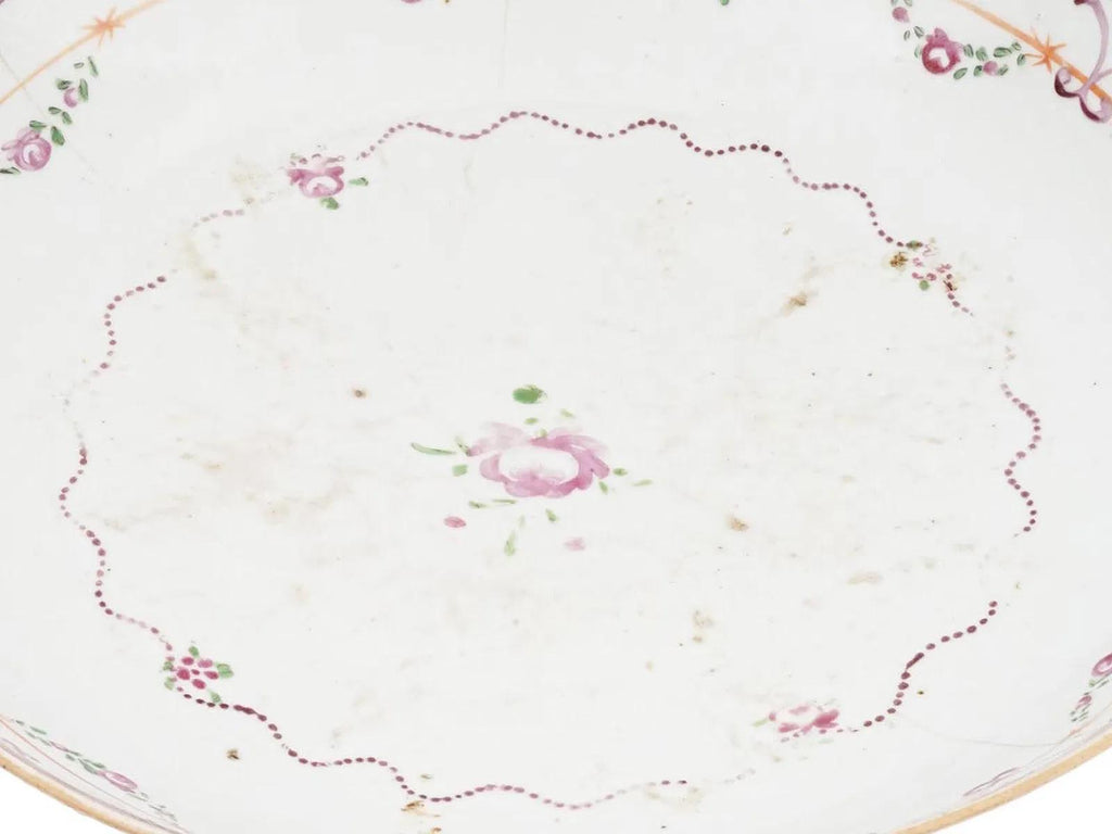 Antique 18th Century Chinese Exports Plate, Qing Dynasty, Early Famille Rose Porcelain Fruit Bowl For The Continental European Markets