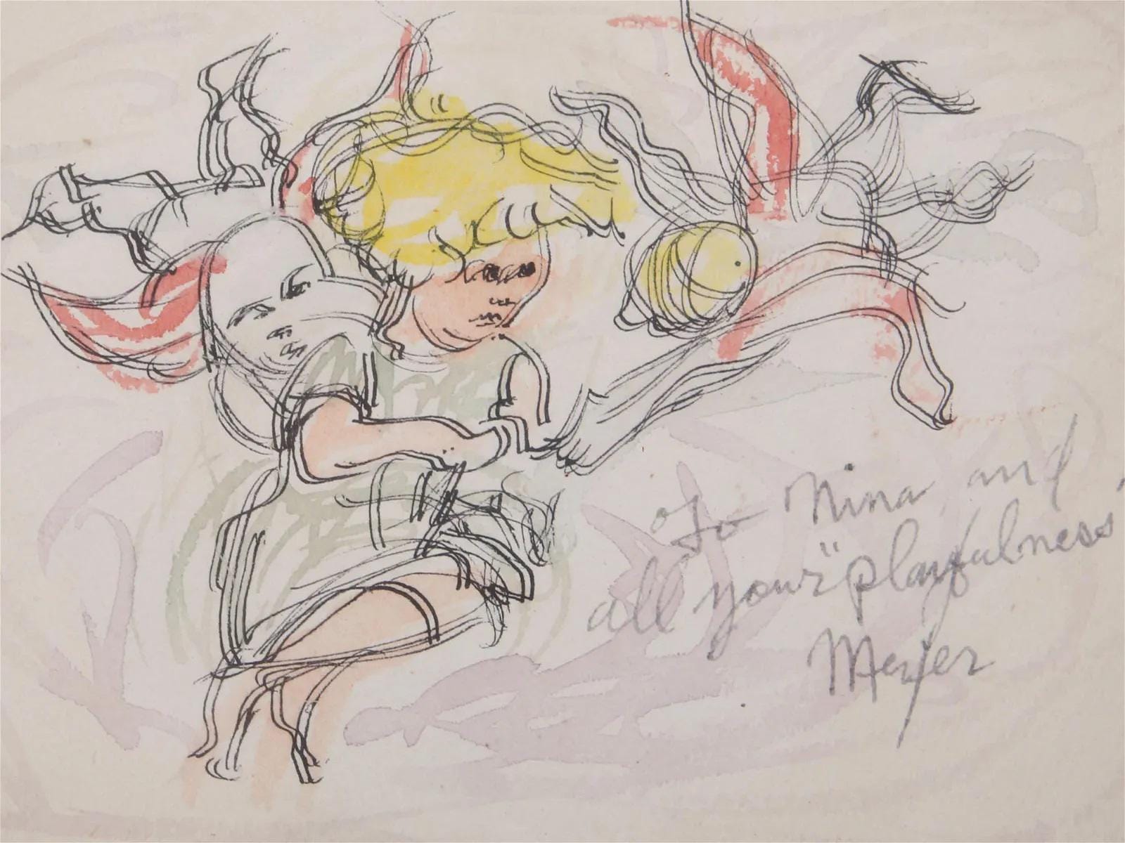 Meyer Frank Lieberman Mixed Media Ink And Watercolor Drawing Painting On Paper, Children And Angels, Hand Signed Contemporary Judaica Art