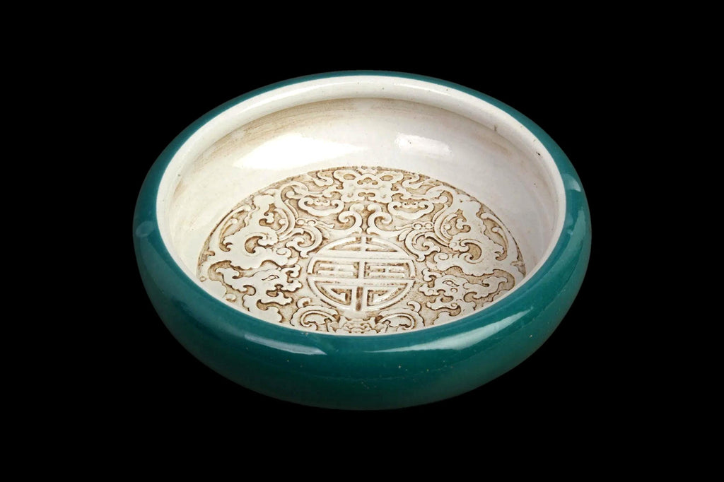 Antique Wang Bingrong's Peacock Green Glazed Inner Carved Porcelain Brush Washer,  Flower Pot In A Qing Dynasty Style, Oriental Home Decor