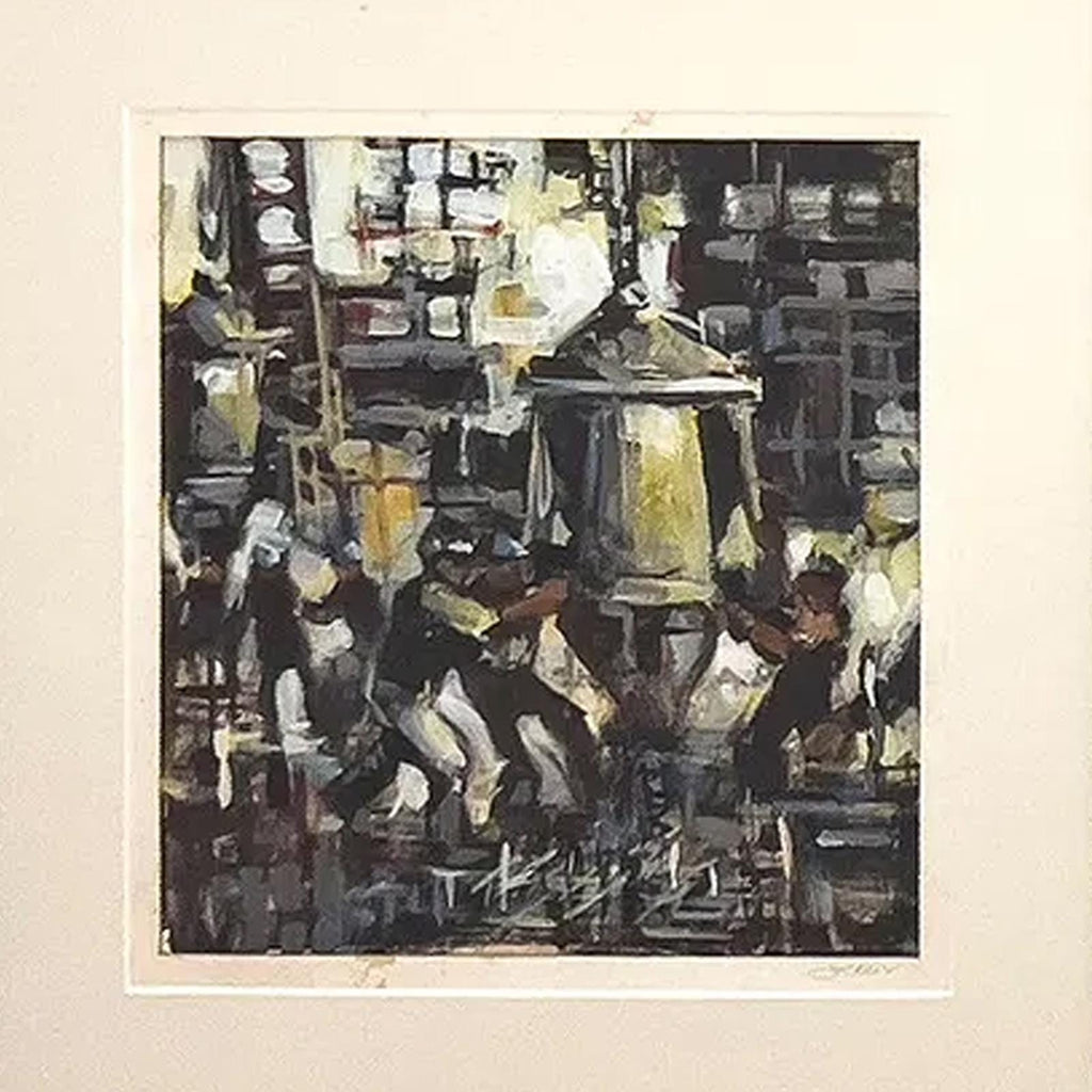 Small Format Oil Painting Signed James Kelly, Retro Mid Century Americana Art And Decor, Expressionist Artworks About Construction Workers