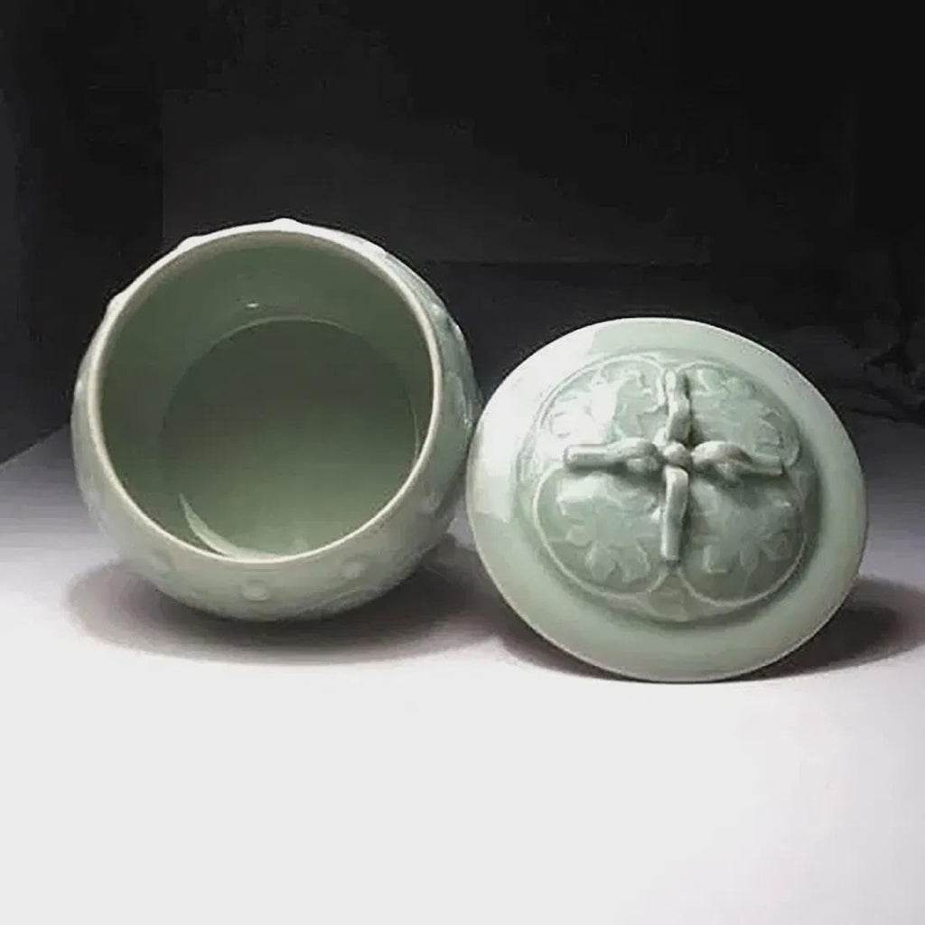 Antique Mid 20th Century Chinese Celadon Mizusashi Water Container For Tea Ceremony, Zhong Guo Longquan, East Asia Pottery Art