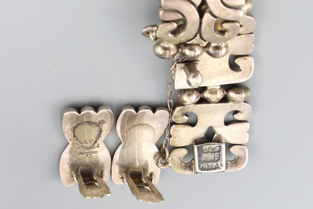 Vintage 1970s, Taxco Mexico Jewelry Group With Panel Link Bracelet And Clip-on Earrings, Art Deco Revival, Aztec Mayan Style, JLF And MWS