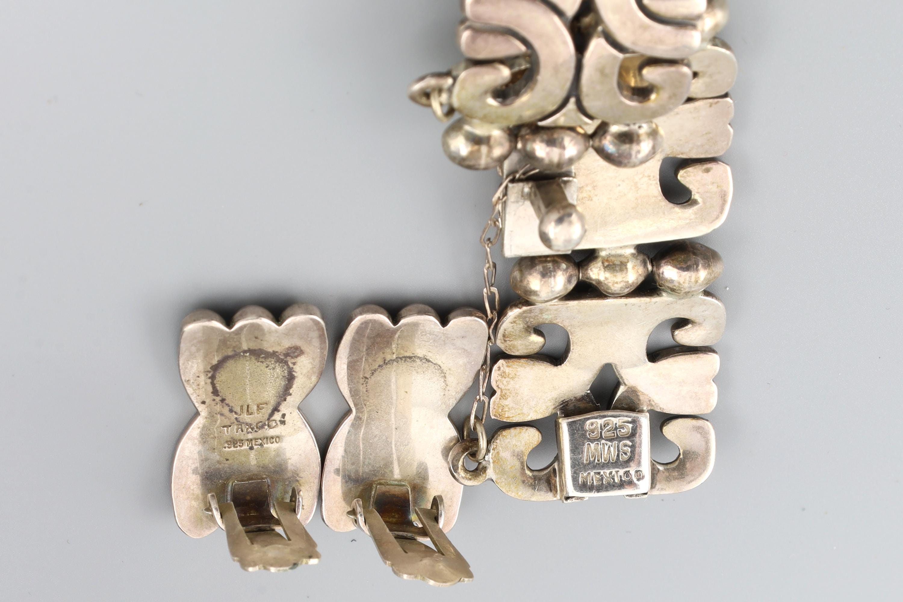 Vintage 1970s, Taxco Mexico Jewelry Group With Panel Link Bracelet And Clip-on Earrings, Art Deco Revival, Aztec Mayan Style, JLF And MWS