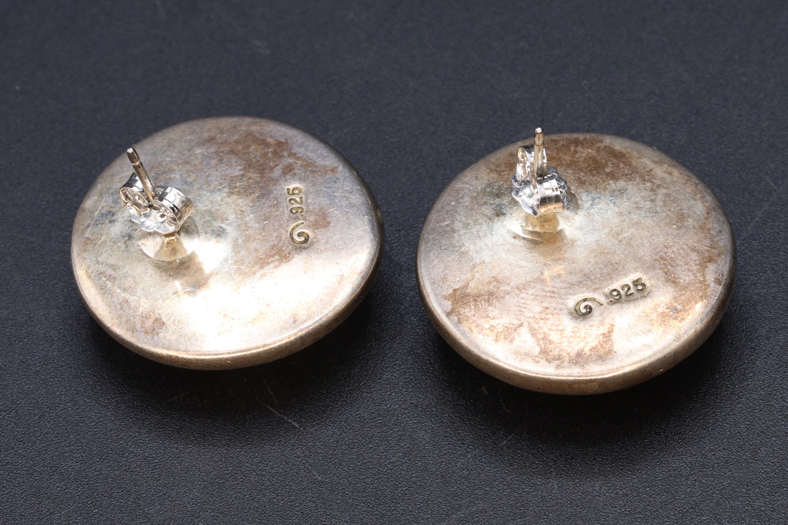 Large Round Studs, Woven Basket Earrings With Spiral Makers Hallmark, 925 Sterling Silver, Ribbon Knot, Retro Modernist Fashion Accessories