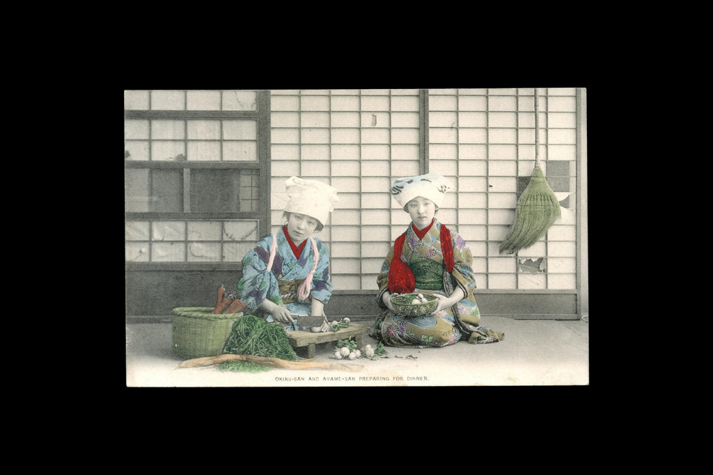 Uncirculated Postcard From Japan, Early 20th Century Hand Colored Postal Memorabilia, OkikuSan And AyameSan Preparing Dinner, Late Meiji