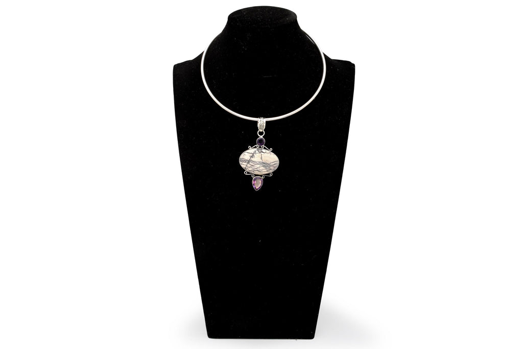 Vintage Collar Torc Necklace With A Multistone Pendant, 925 Sterling Silver, Faceted Amethyst Cabochons, White Jasper Howlite