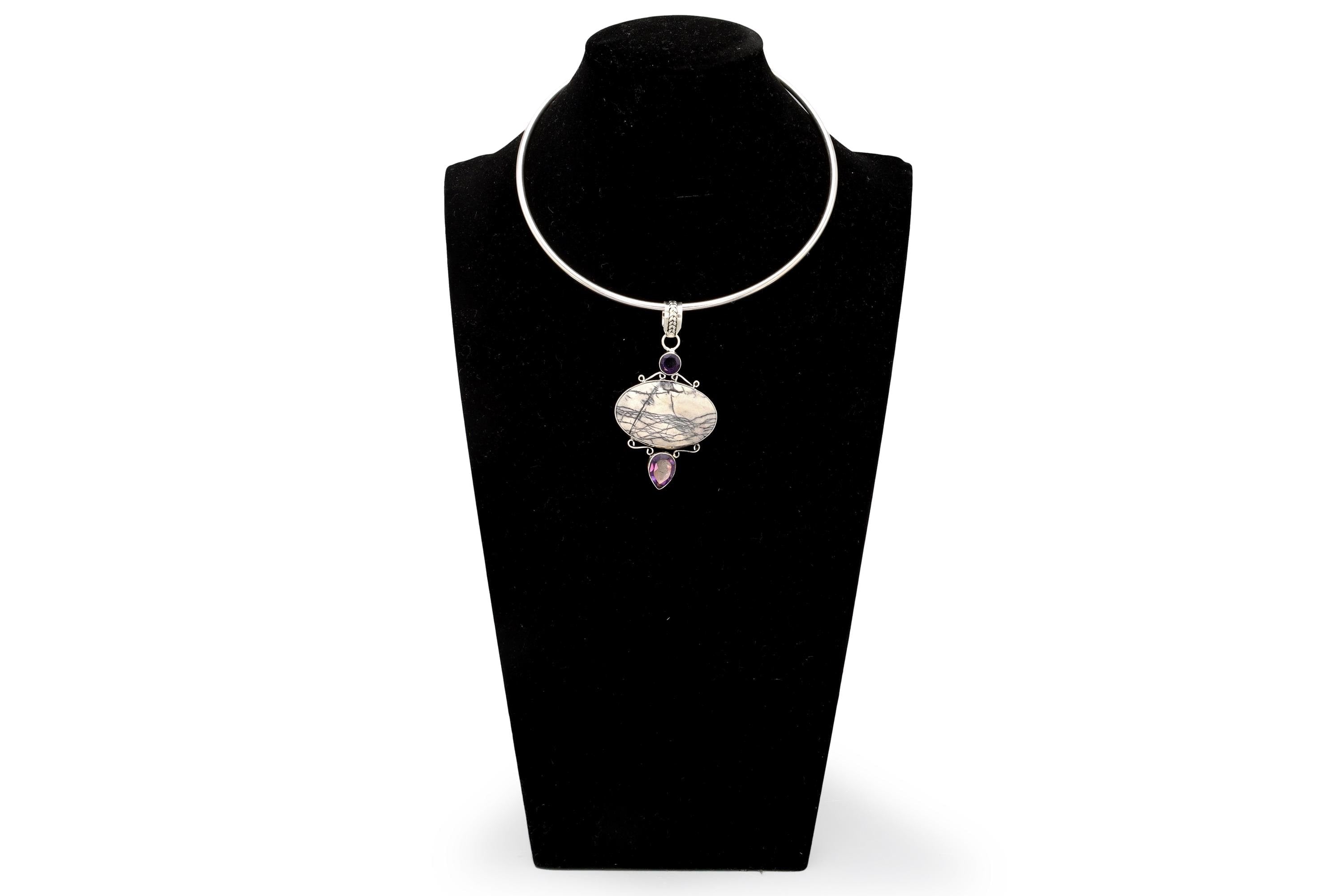 Vintage Collar Torc Necklace With A Multistone Pendant, 925 Sterling Silver, Faceted Amethyst Cabochons, White Jasper Howlite