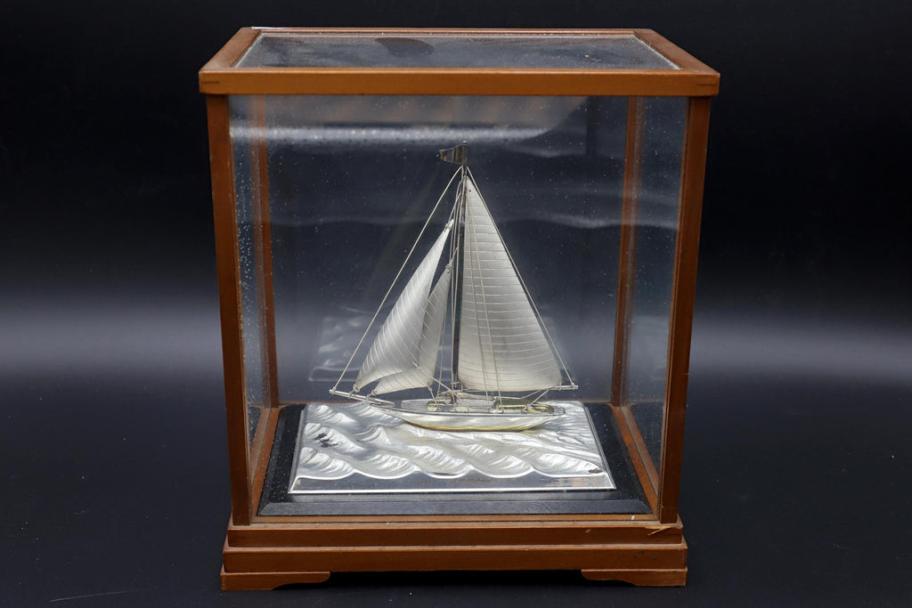 Handmade And Finely Detailed Silver Electroplated Model Of A Sailing Ship, Sports Boat Sculpture By Japanese Silversmith Seki Takehiko