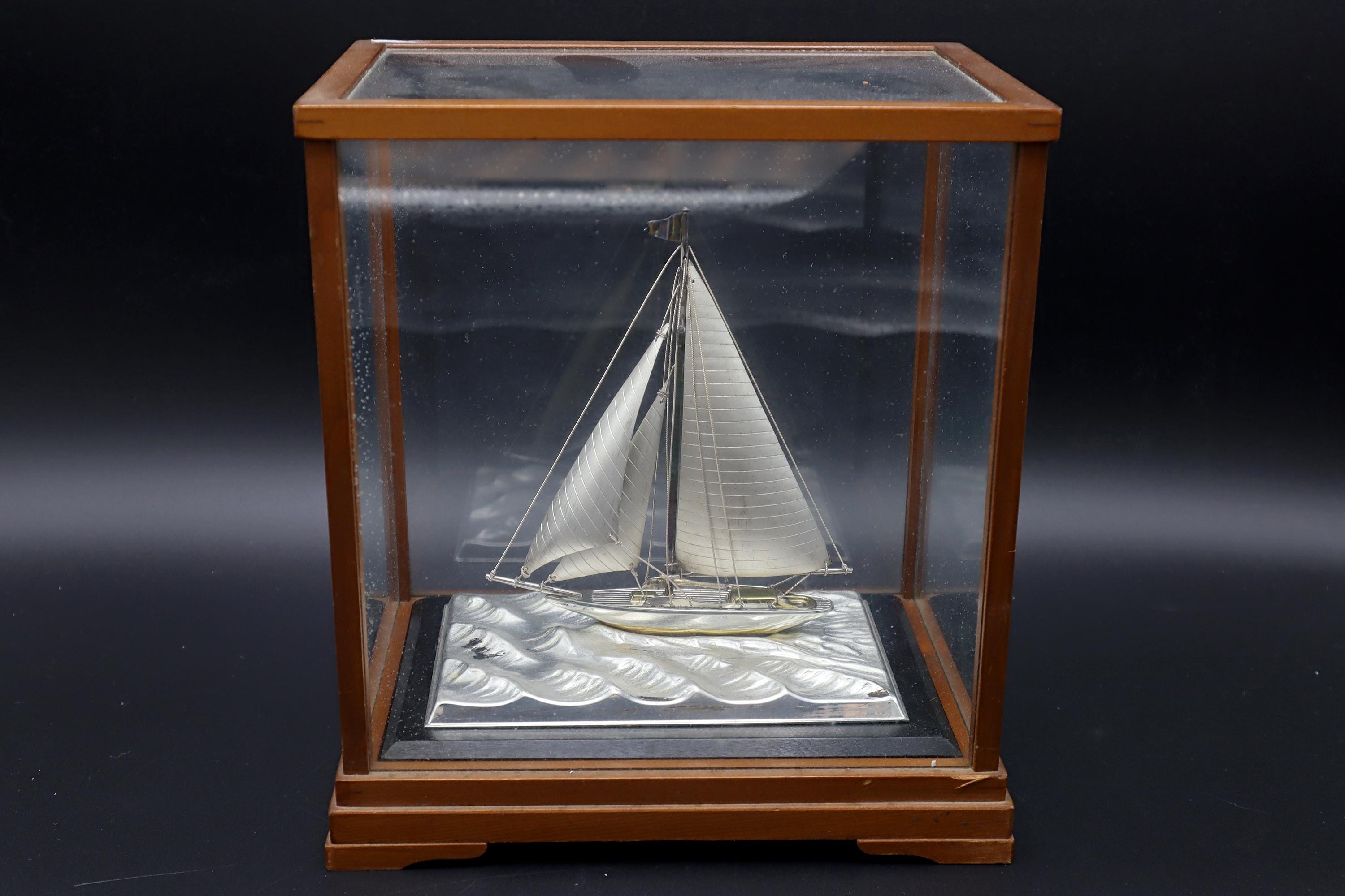 Handmade And Finely Detailed Silver Electroplated Model Of A Sailing Ship, Sports Boat Sculpture By Japanese Silversmith Seki Takehiko