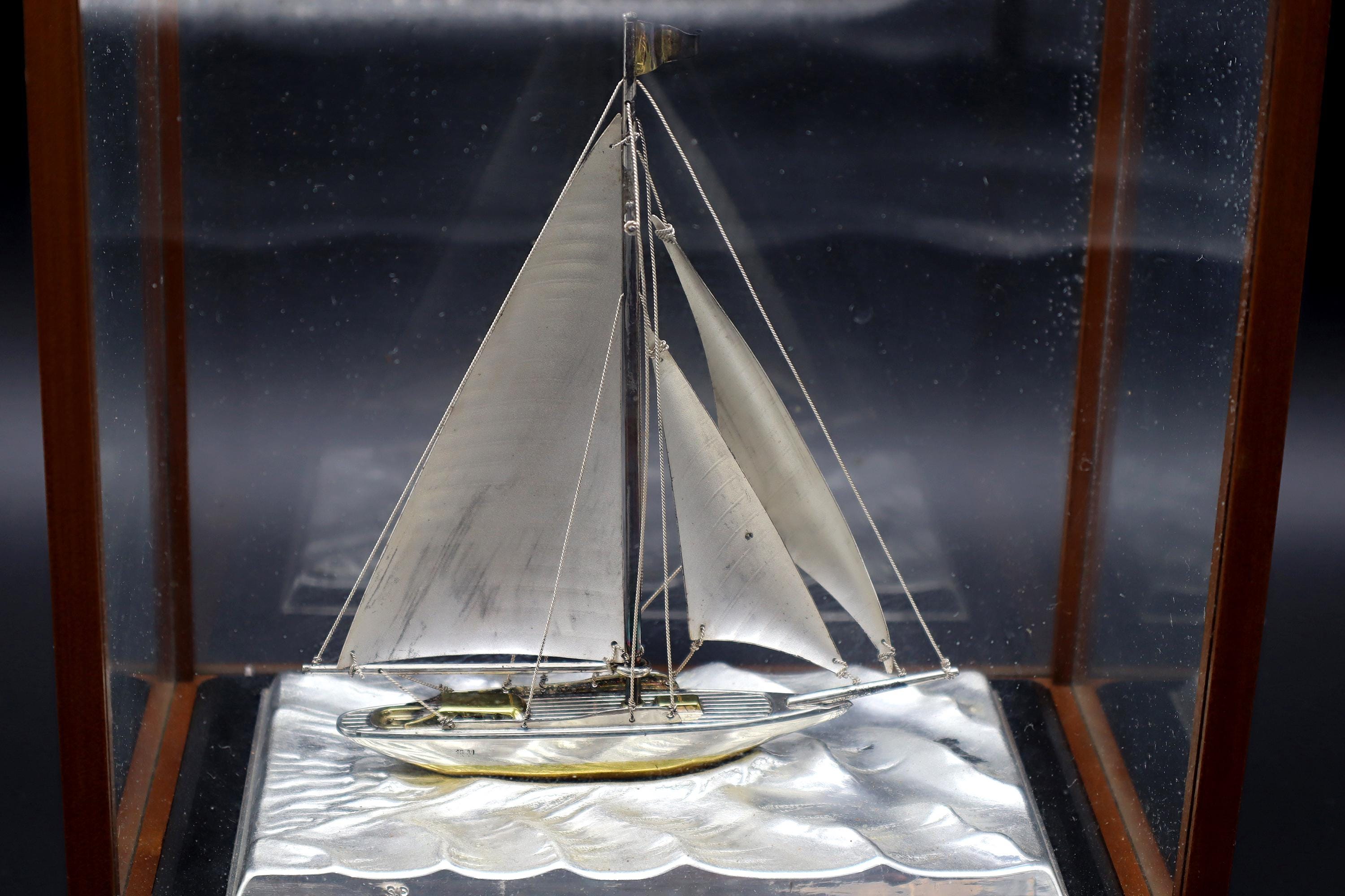 Handmade And Finely Detailed Silver Electroplated Model Of A Sailing Ship, Sports Boat Sculpture By Japanese Silversmith Seki Takehiko