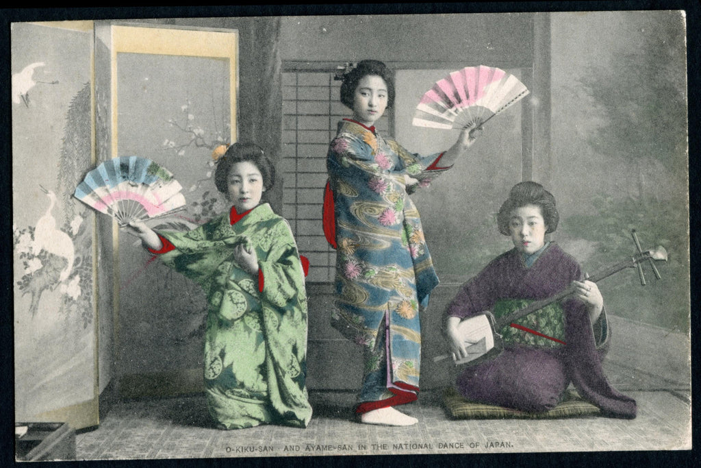 Uncirculated Postcard From Japan, Early 20th Century Hand Colored Postal Memorabilia, OkikuSan And AyameSan Dance Nihon Buyo, Late Meiji
