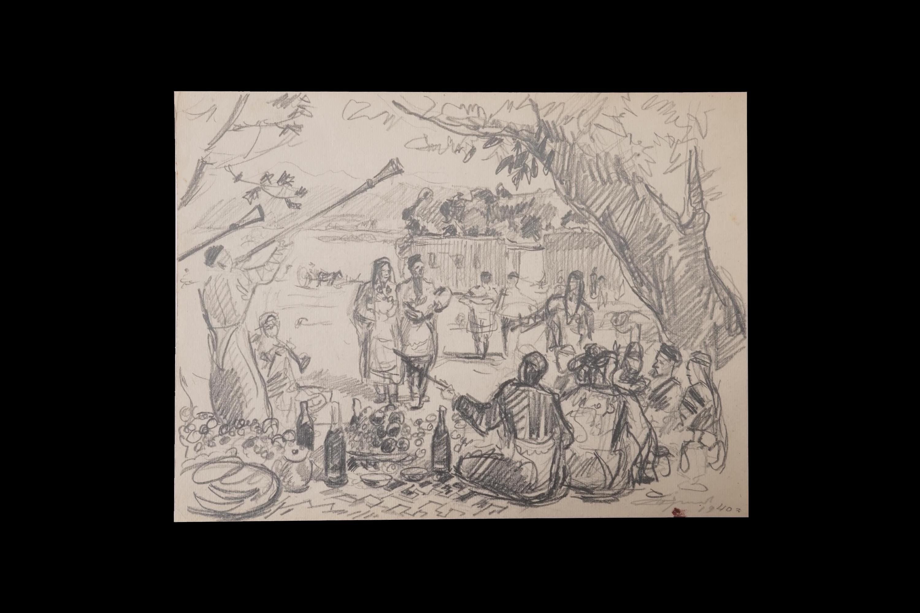 Igor Alexandrovich Ershov, Vintage 1940s Russian Soviet Union. Sketch Pencil Drawing On Paper, The Birth Of A Son, Signed Dated Lower Right