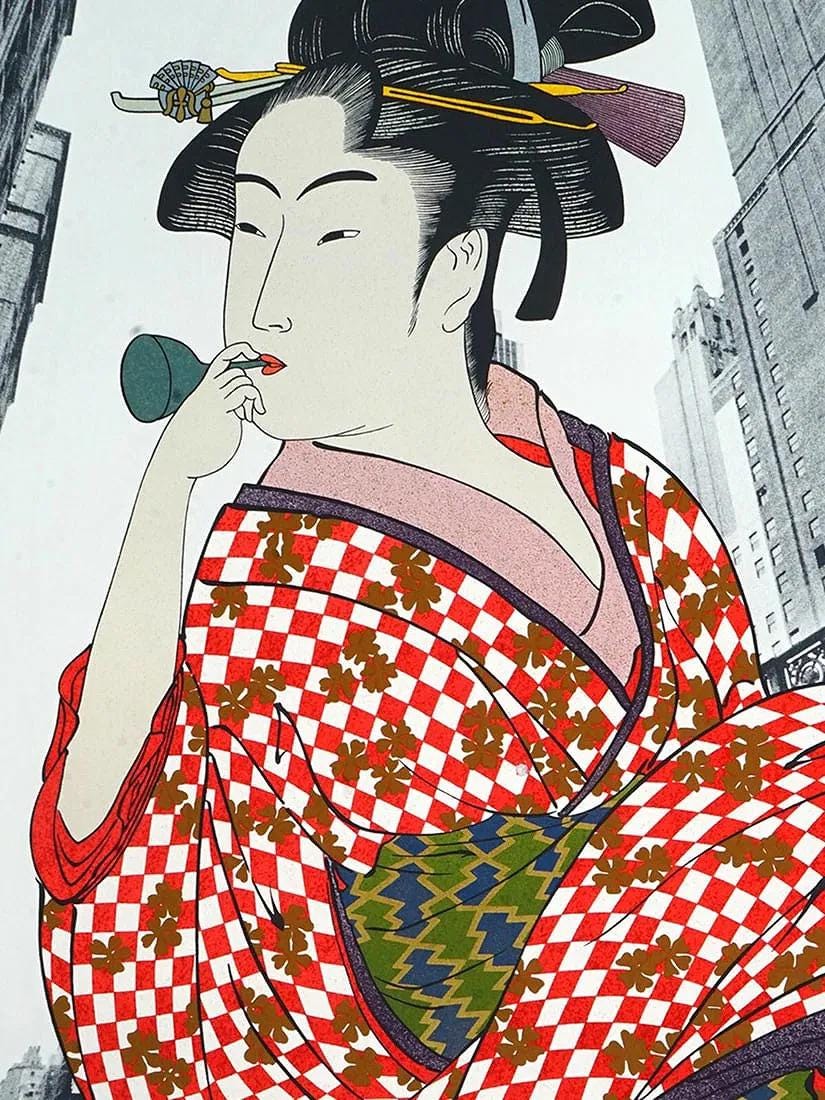 Japanese Geisha In Grand Central Station, NYC 1981 Color Serigraph Print By Michael Jay Knigin, American Contemporary Art