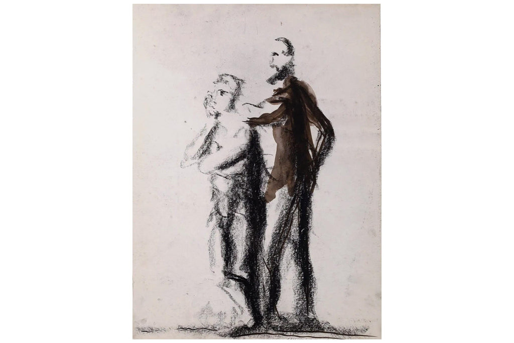 Mixed Media Artwork By Italian Artist Roberto Barni, Black Pastel On Paper, Hand Signed, European Contemporary Art