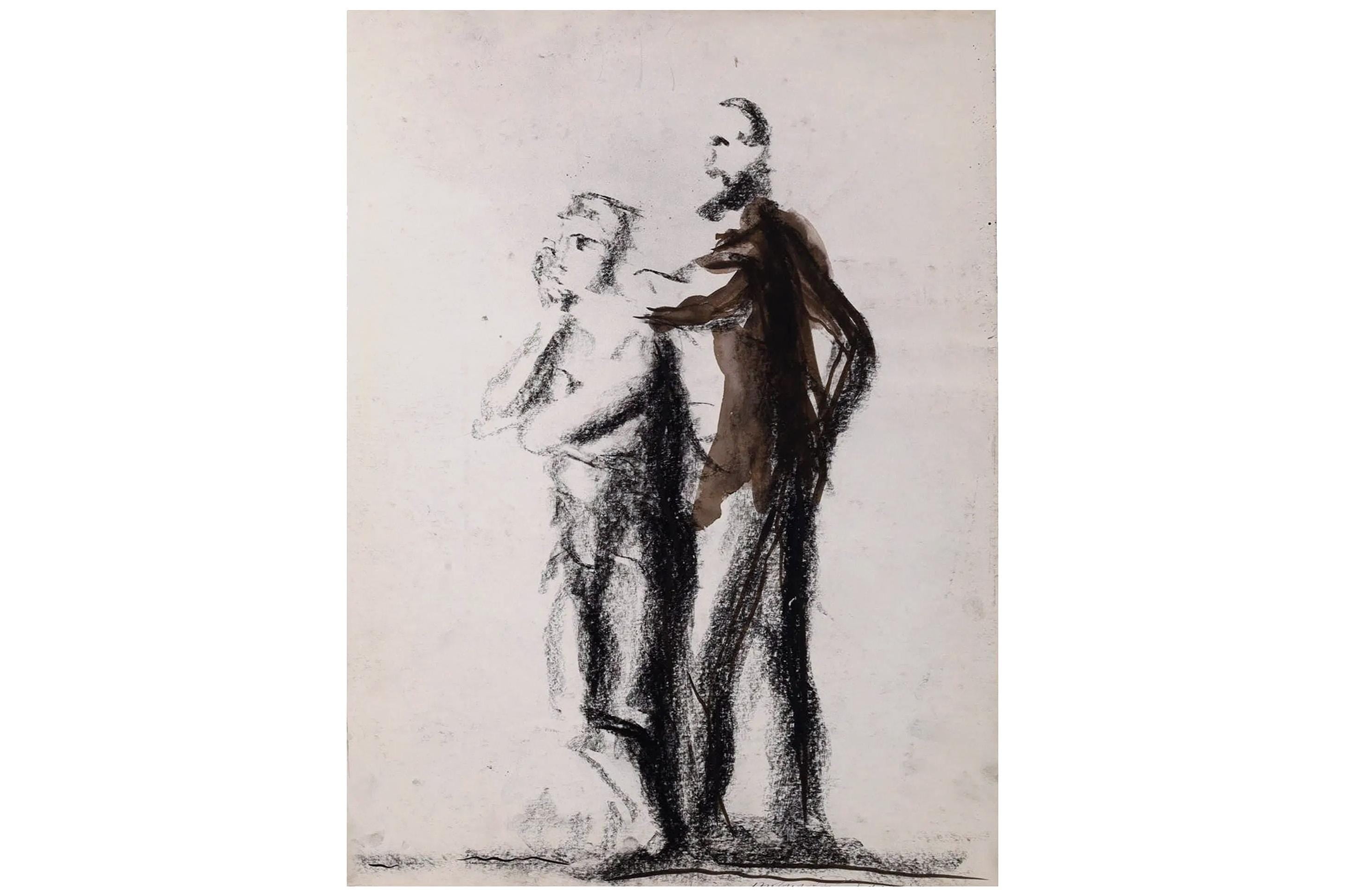 Mixed Media Artwork By Italian Artist Roberto Barni, Black Pastel On Paper, Hand Signed, European Contemporary Art