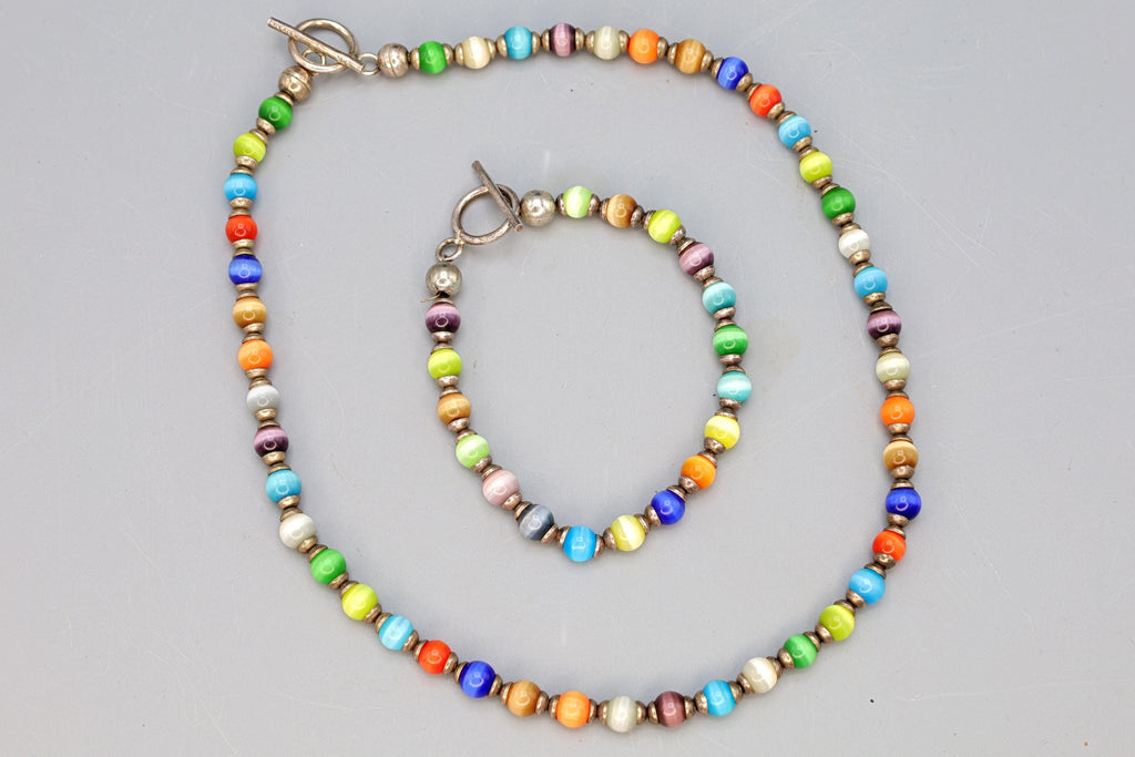 Rainbow Cats Eye Glass Necklace And Bracelet, Mexico 925 Sterling Silver, Ball Beads With Round Cap End Capsule Link, Modernist Jewelry Set