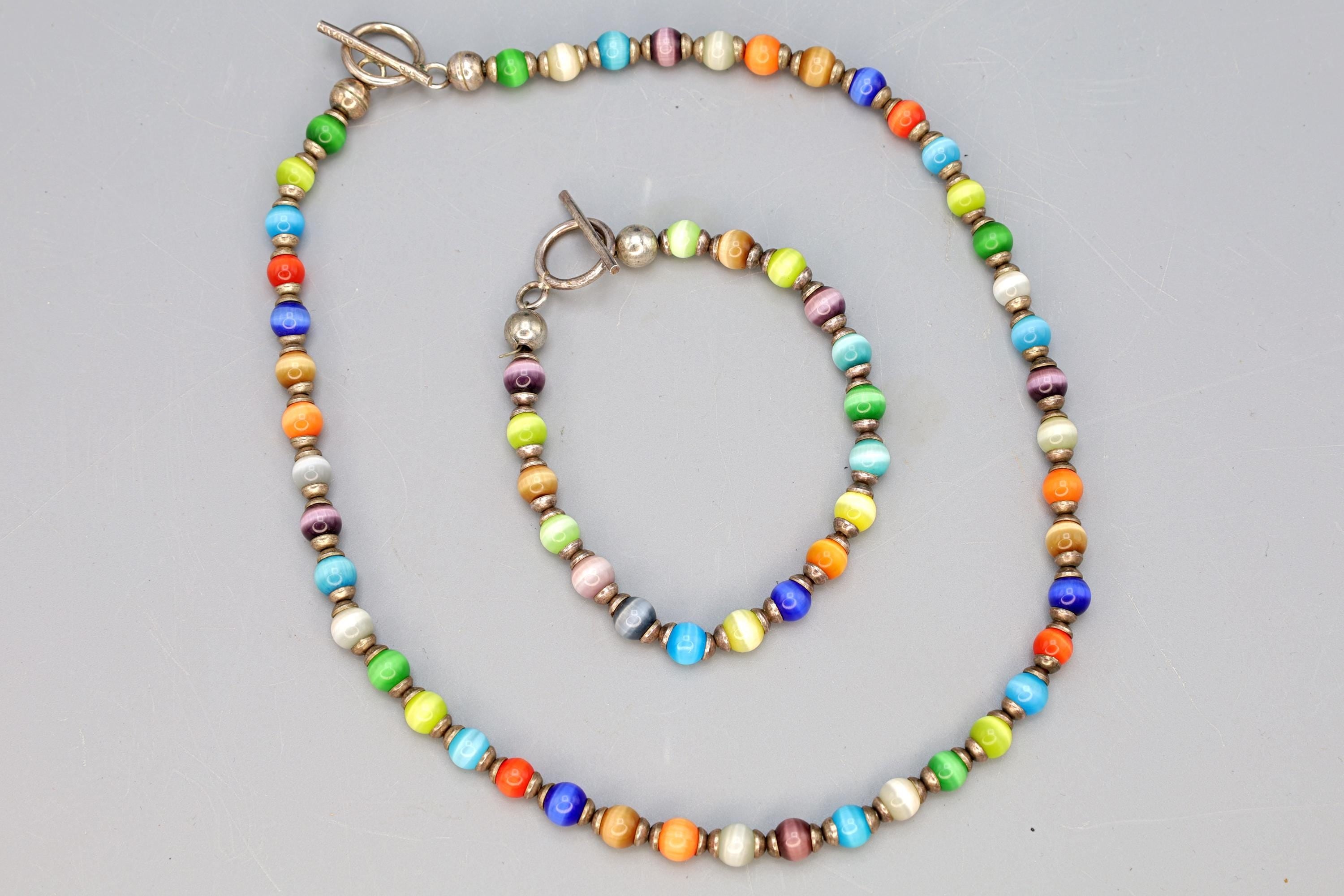 Rainbow Cats Eye Glass Necklace And Bracelet, Mexico 925 Sterling Silver, Ball Beads With Round Cap End Capsule Link, Modernist Jewelry Set