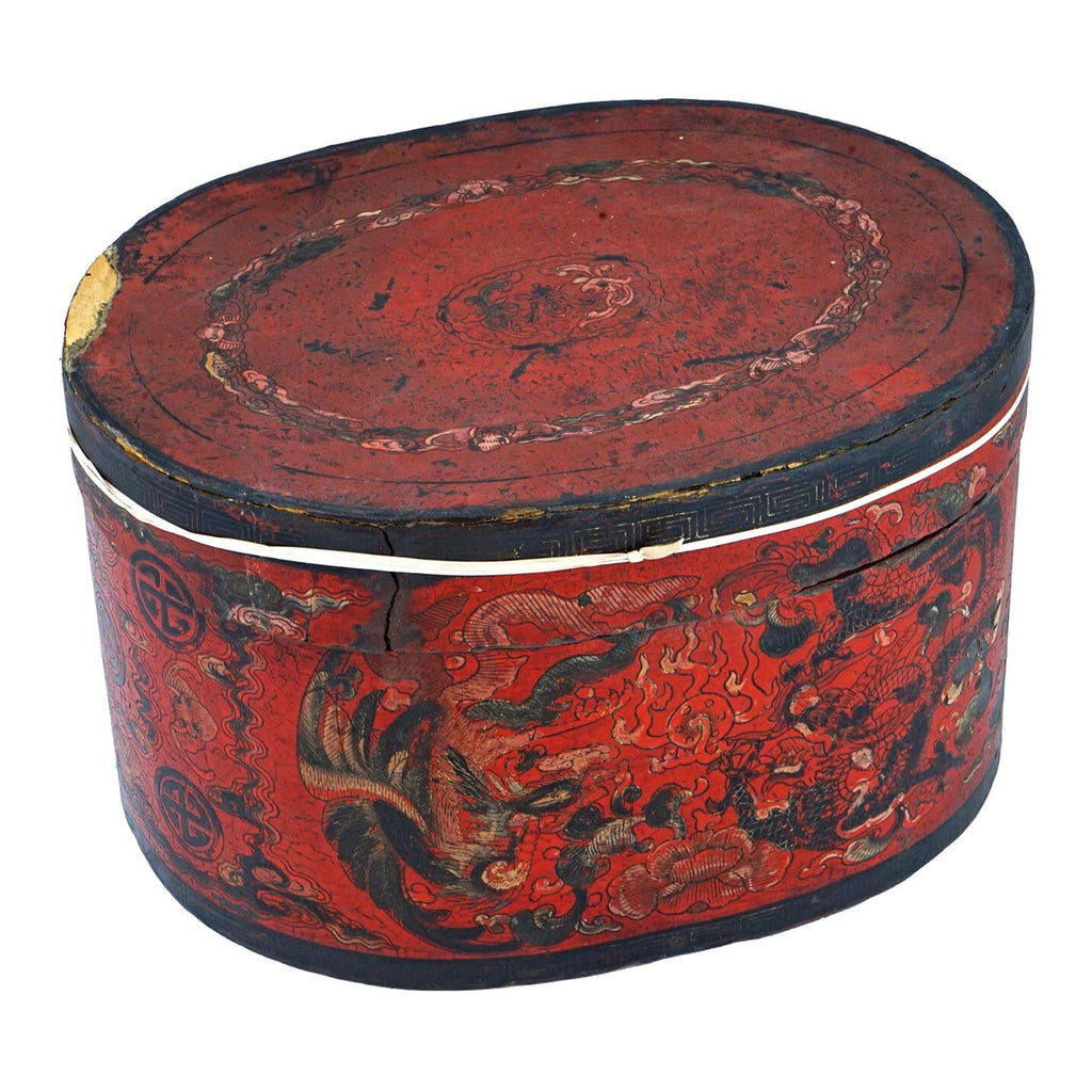 Antique Chinese Red Lacquer Lidded Hat Box, Large Size, Late Qing Dynasty 1890s Storage Case With Lid On Top, Dry Food Nuts Container