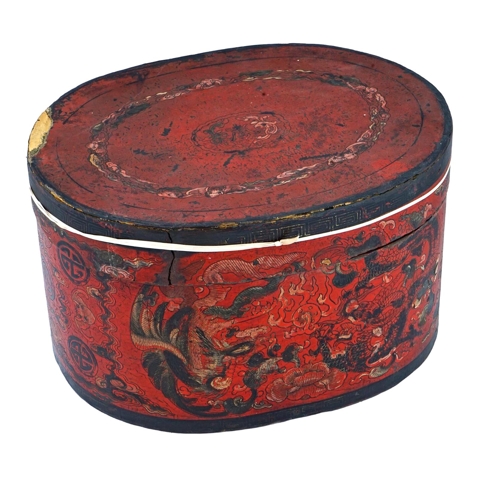 Antique Chinese Red Lacquer Lidded Hat Box, Large Size, Late Qing Dynasty 1890s Storage Case With Lid On Top, Dry Food Nuts Container