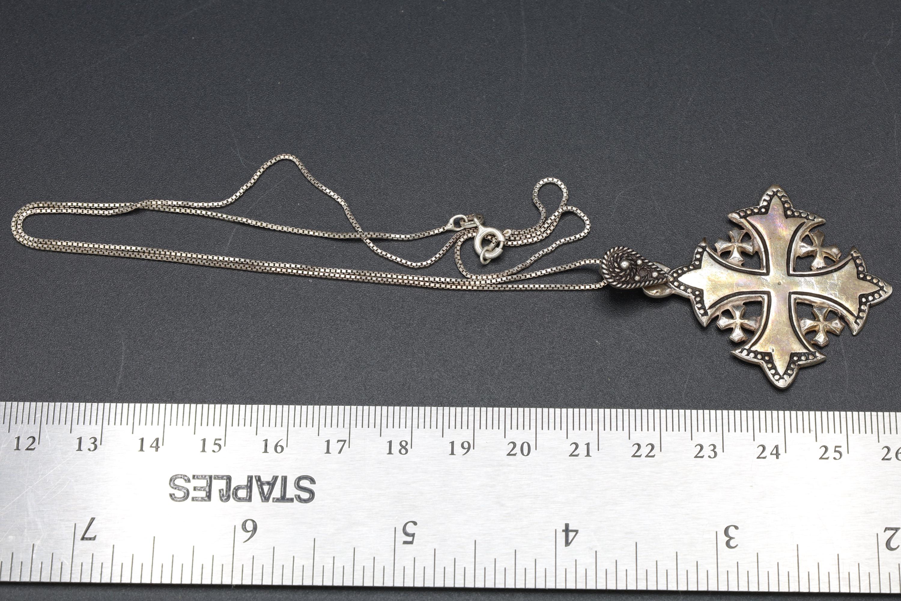 Jerusalem Cross Pendant Necklace, Crusaders Maltese Cross, 900 Silver Jewelry, Holy Land, Israel, Palestine, Vintage 1950s Accessories