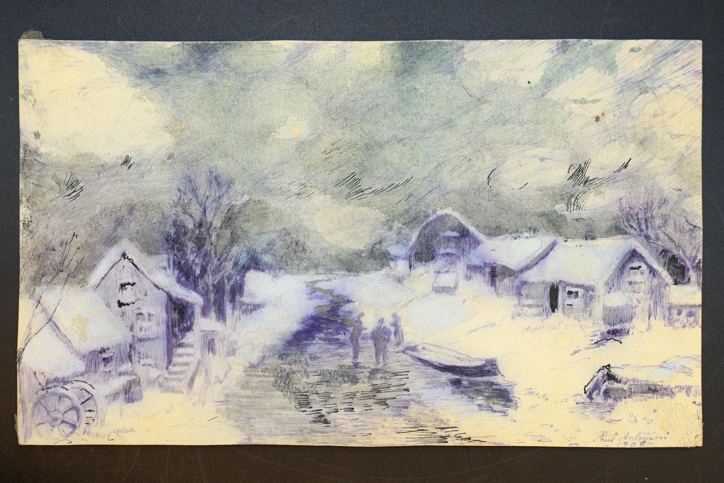 Winter Landscape, Antique 1900s Liberty Style Art By Paulo Antonini, Italian American Artist, Small Paintings Drawings On Paper, Art Nouveau