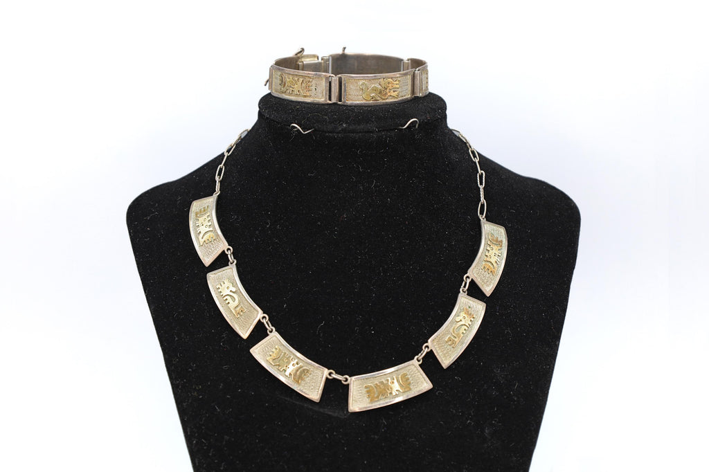 Vintage 1950s Jewelry Set, Inca Quechua 900 Silver And 18 karat Yellow Gold With Hallmarks, Necklace And Bracelet, Art Deco Fashion