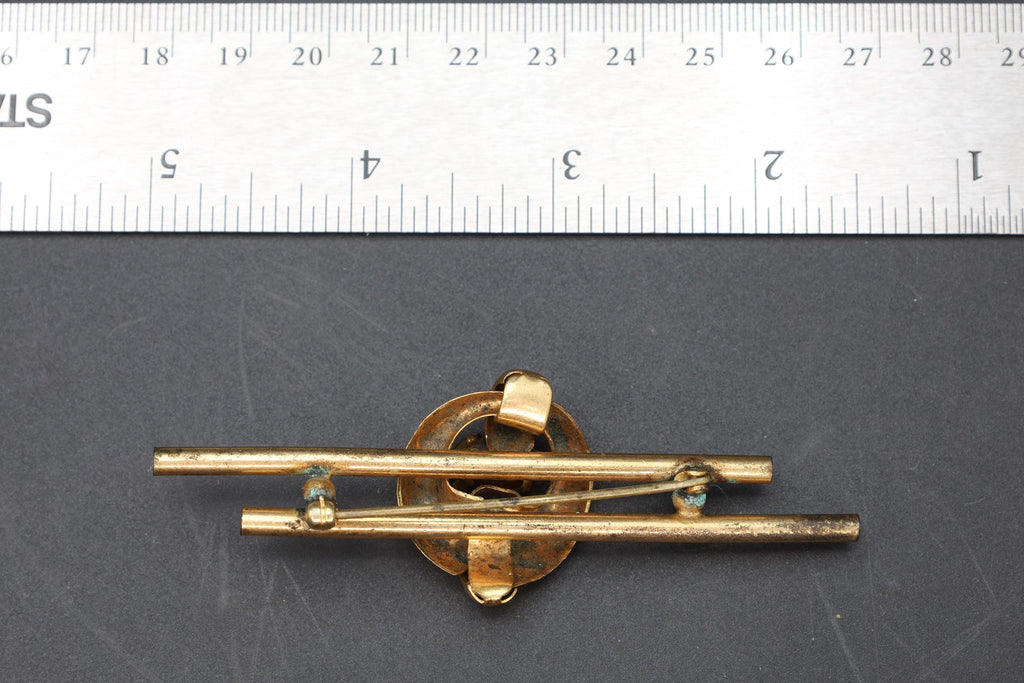 Bar Brooch Pin, Gold Wash And Czech Red Faceted Glass Accent, Early 20th Century Fashion Accessories, An Art Deco Jewelry Piece Ca 1910s